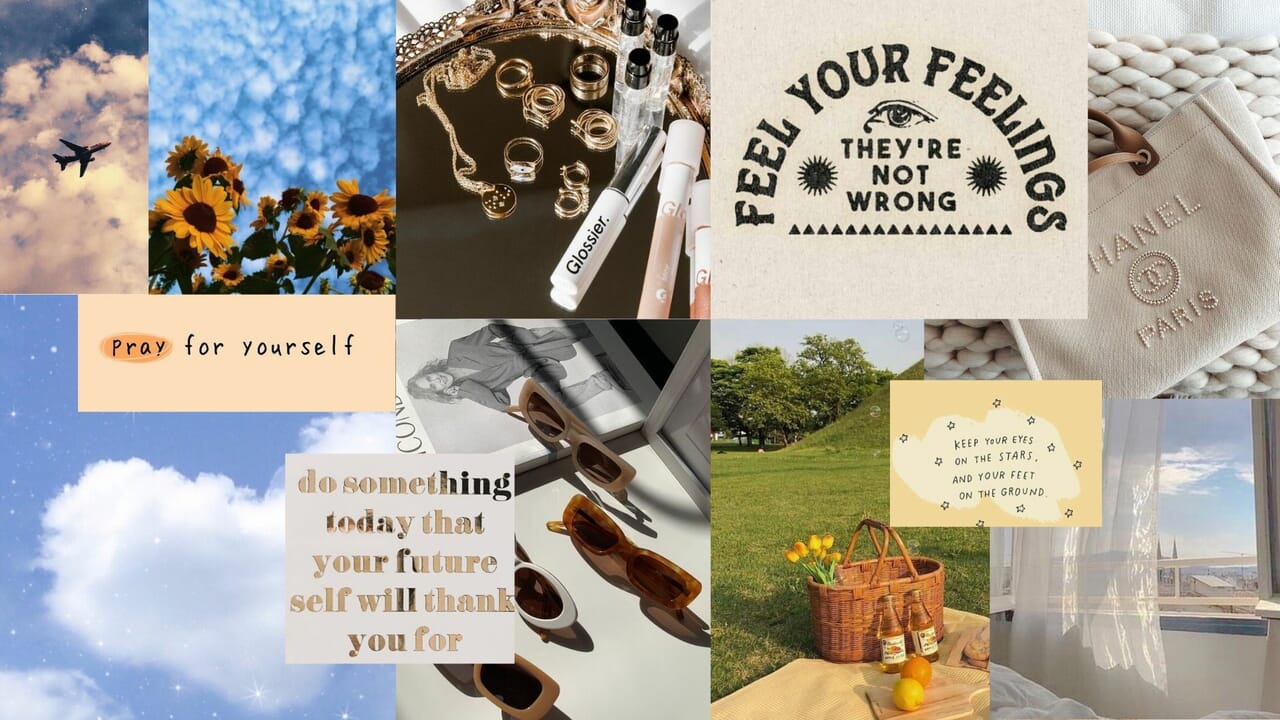 A collage of images including a sky, clouds, sunflowers, a quote, and a bag. - Laptop