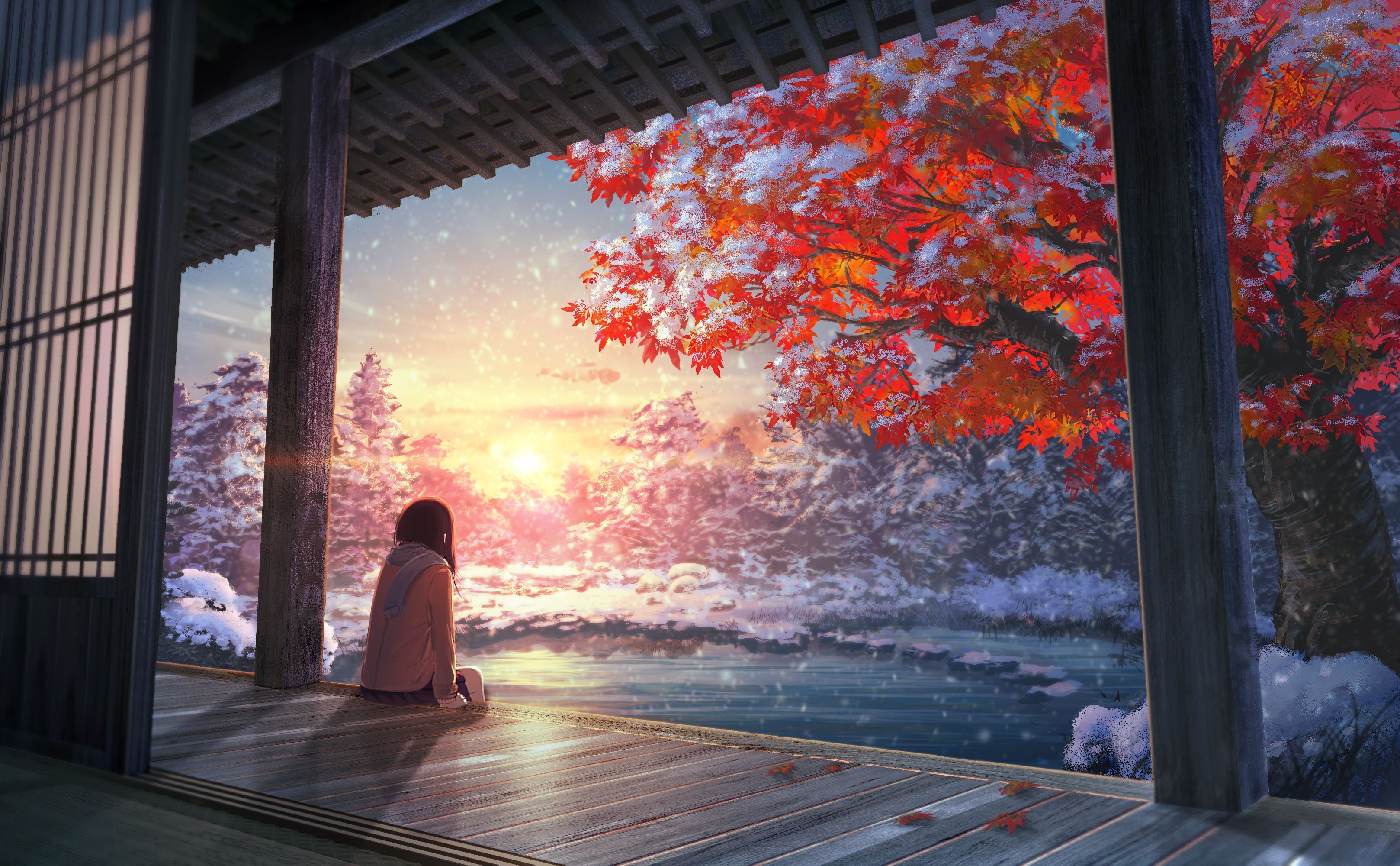A woman sitting on the porch looking at fall trees - Sunrise, sad