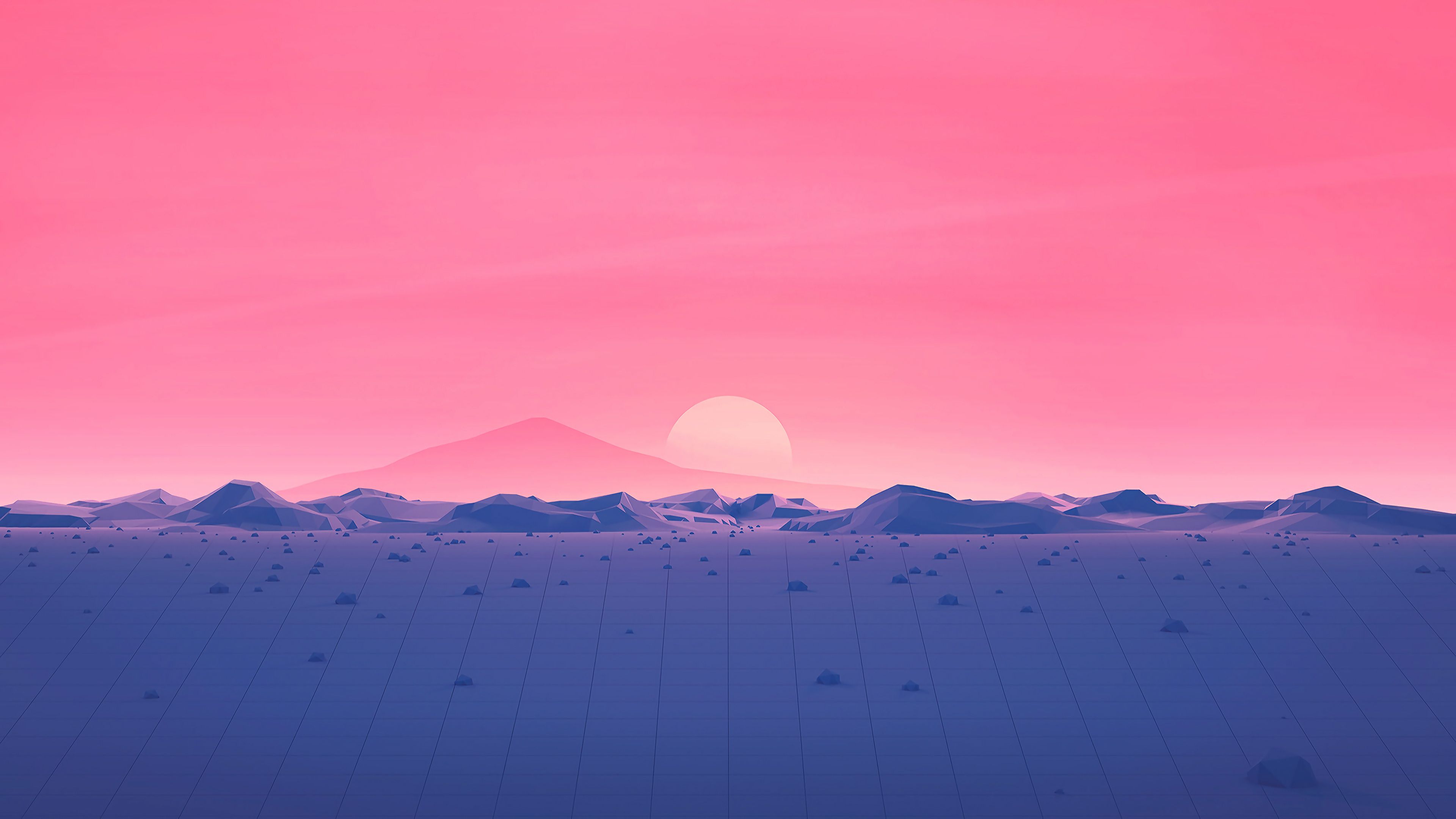 3D illustration of a futuristic landscape with low poly style mountains and the sun - Sunrise, low poly