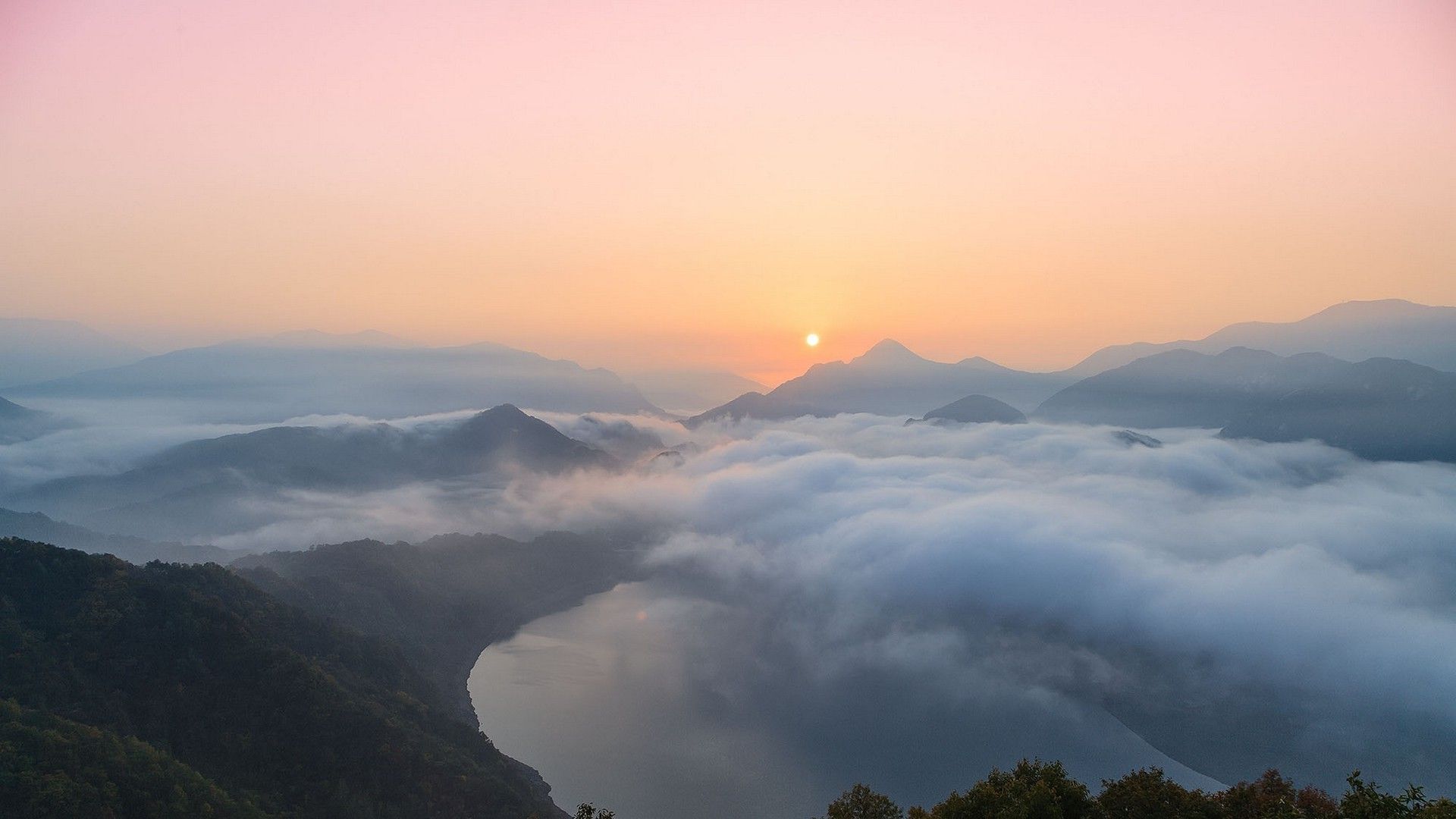 nature, Landscape, Sunrise, Clouds, Mountain, Lake, Mist, Forest, South Korea Wallpaper HD / Desktop and Mobile Background