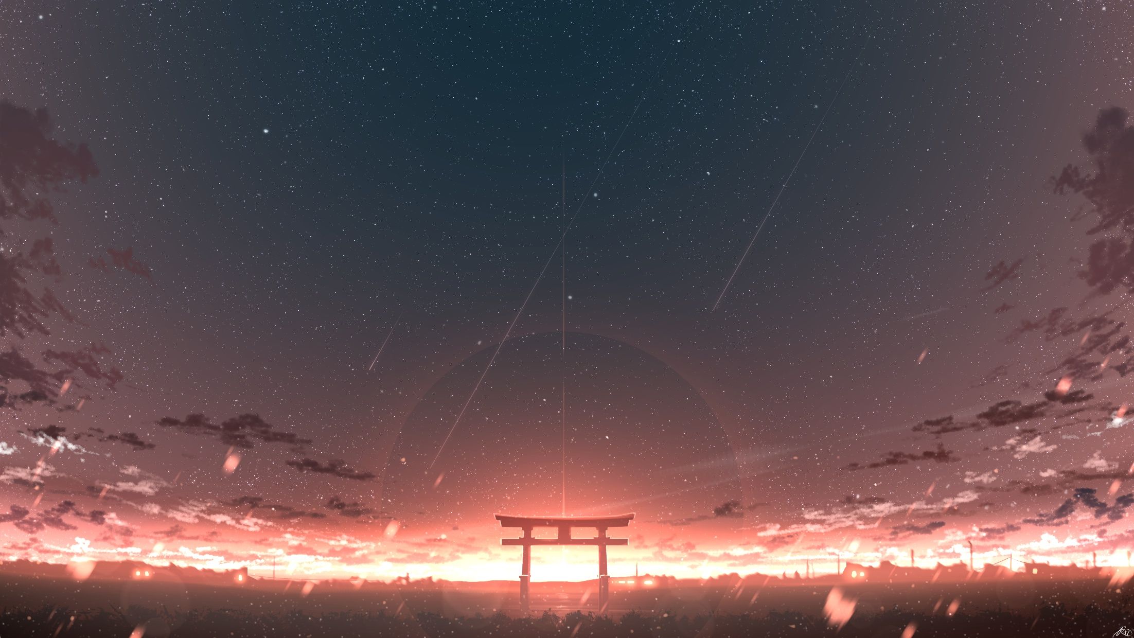 A torii gate stands in a field at sunset, with shooting stars in the sky - Sunrise