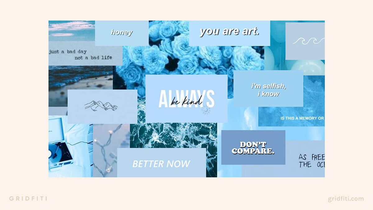 A collage of pictures with blue backgrounds - Laptop, honey, blue, collage
