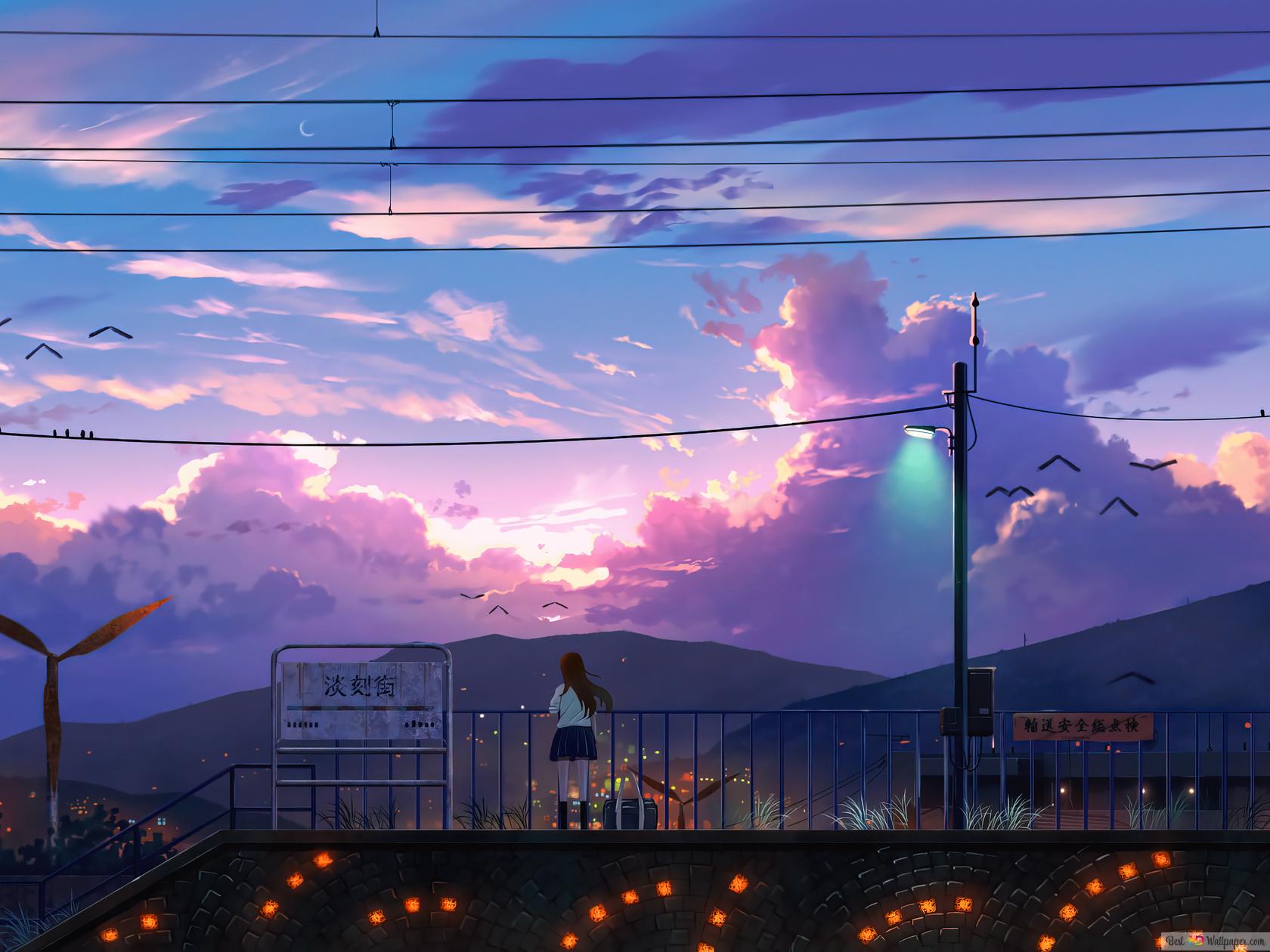 A painting of people standing on the edge - Sunrise, anime landscape