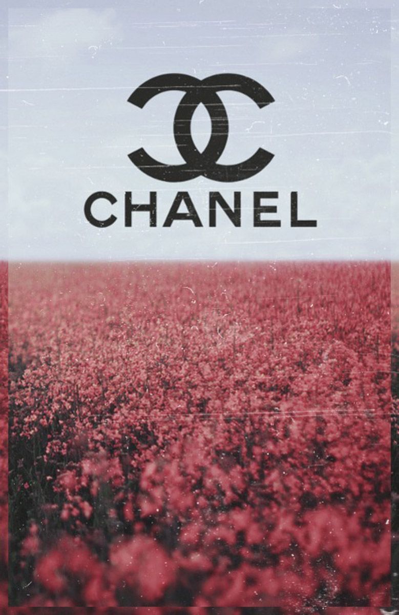 A Chanel wallpaper featuring the classic Chanel logo on a background of a red flower field. - Chanel
