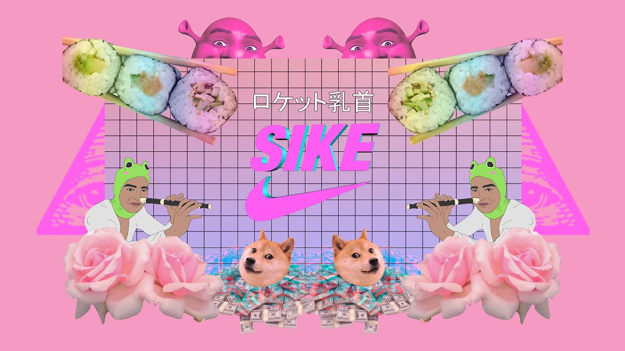 A pink background with two dogs and sushi - Laptop, coquette