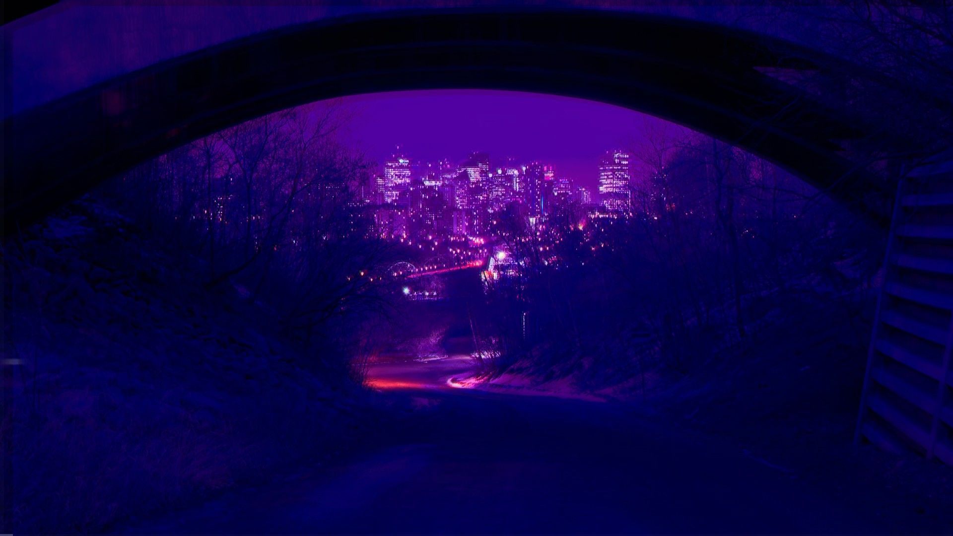 A tunnel with city lights in the background - Desktop, light purple, purple, 1920x1080, dark purple, neon, HD, purple quotes, neon purple, lavender
