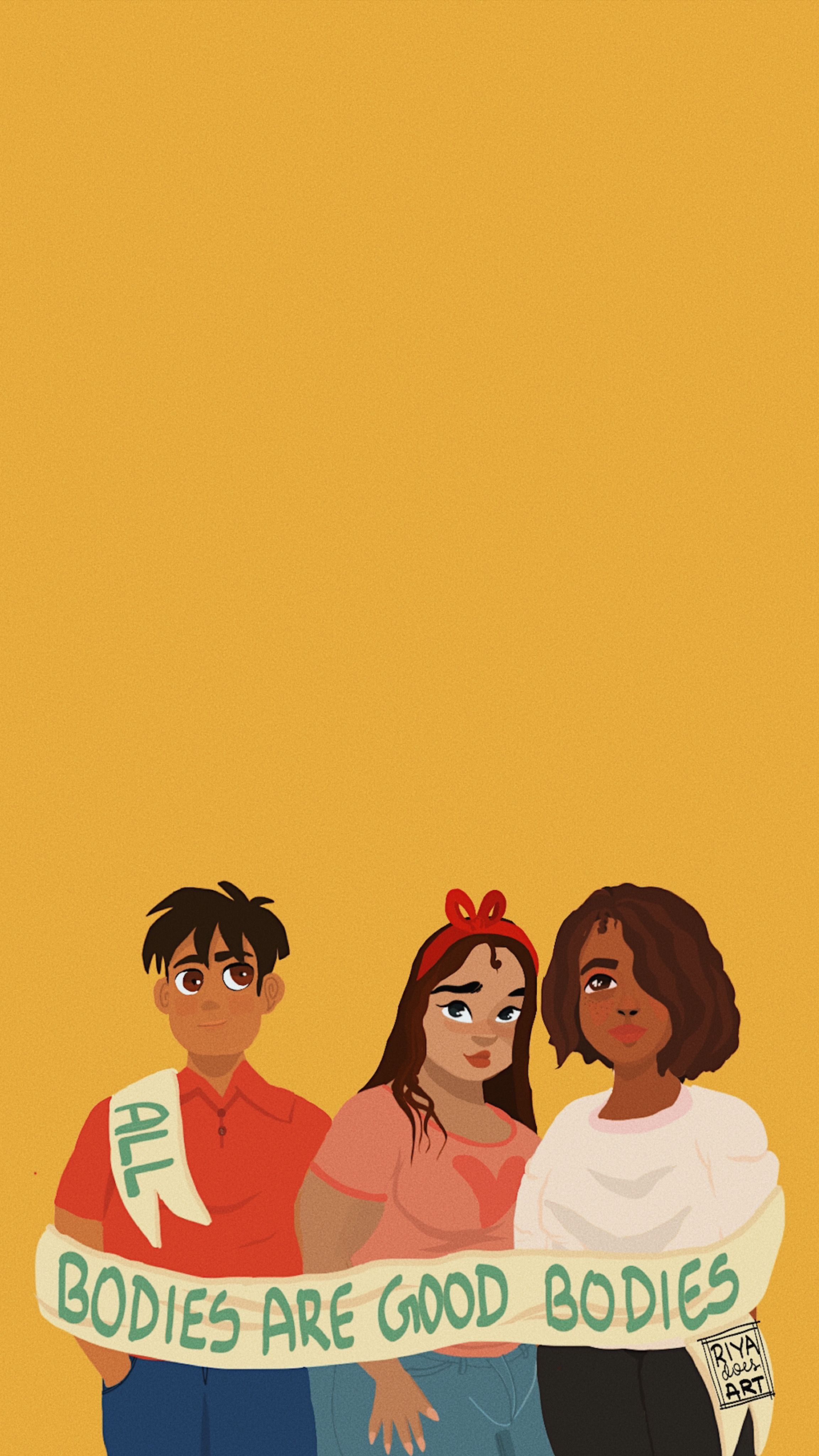 An illustration of three people of different races and sizes holding a banner that says 