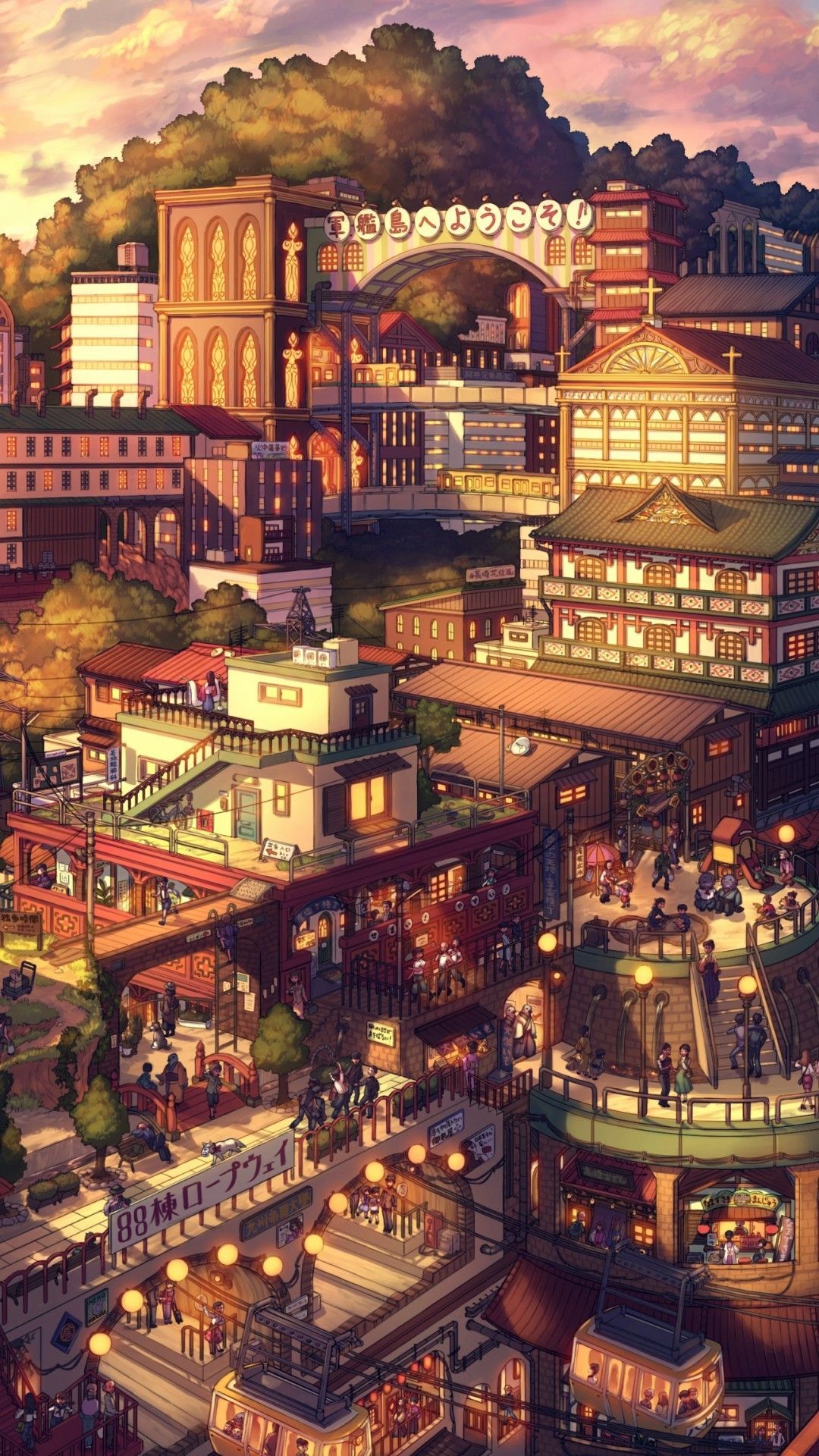 IPhone wallpaper of a colorful anime city with tall buildings and people walking around - Japanese