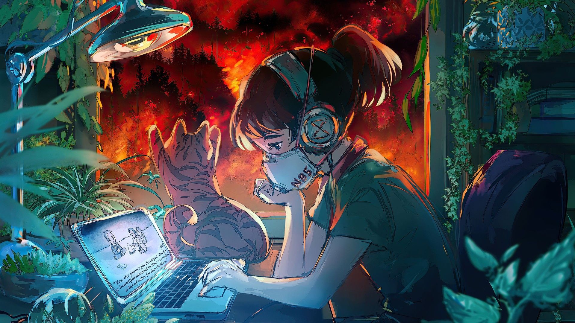 A girl with headphones and glasses is sitting in front of her computer - Laptop, anime