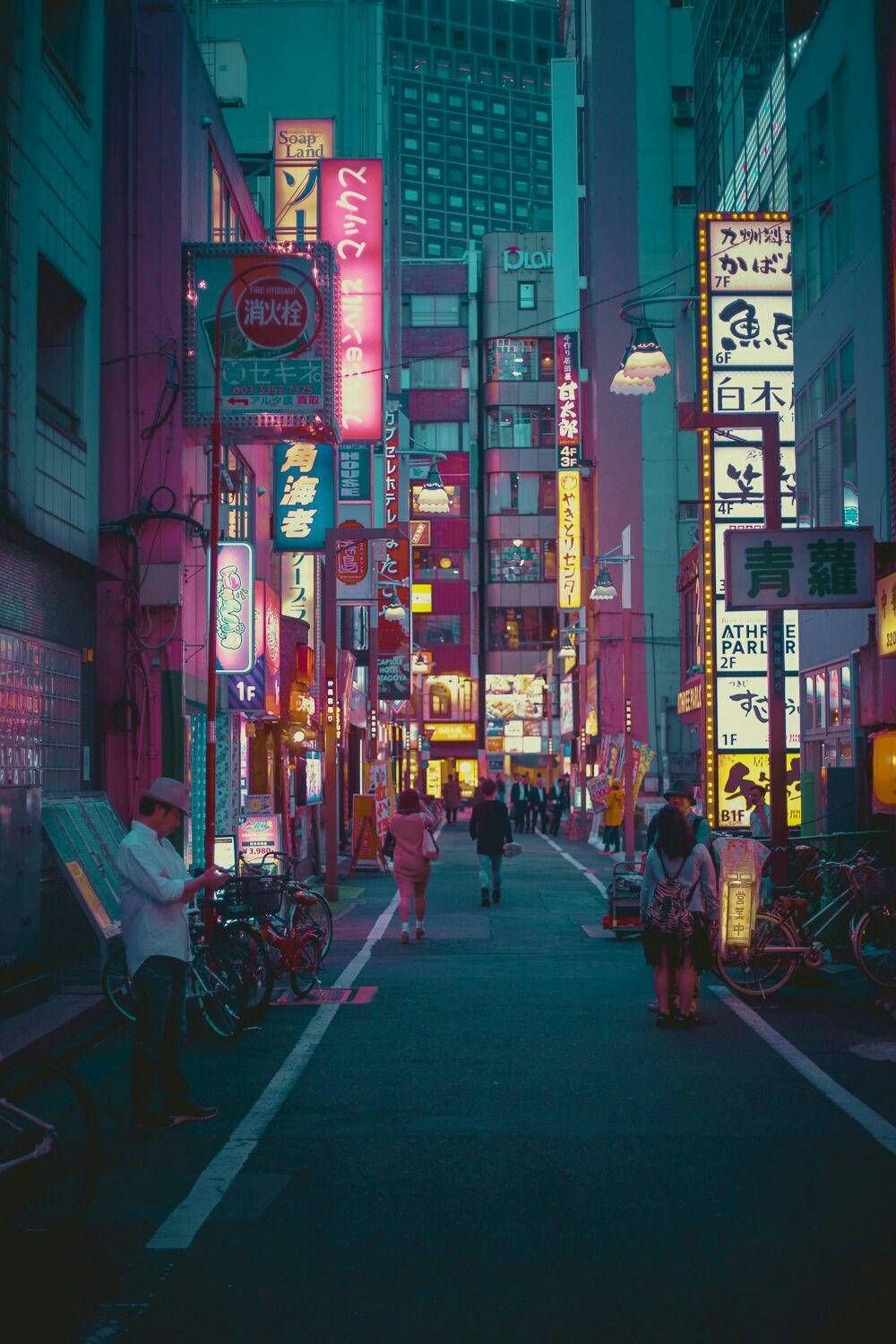 A city street at night with neon signs - Japanese, anime city