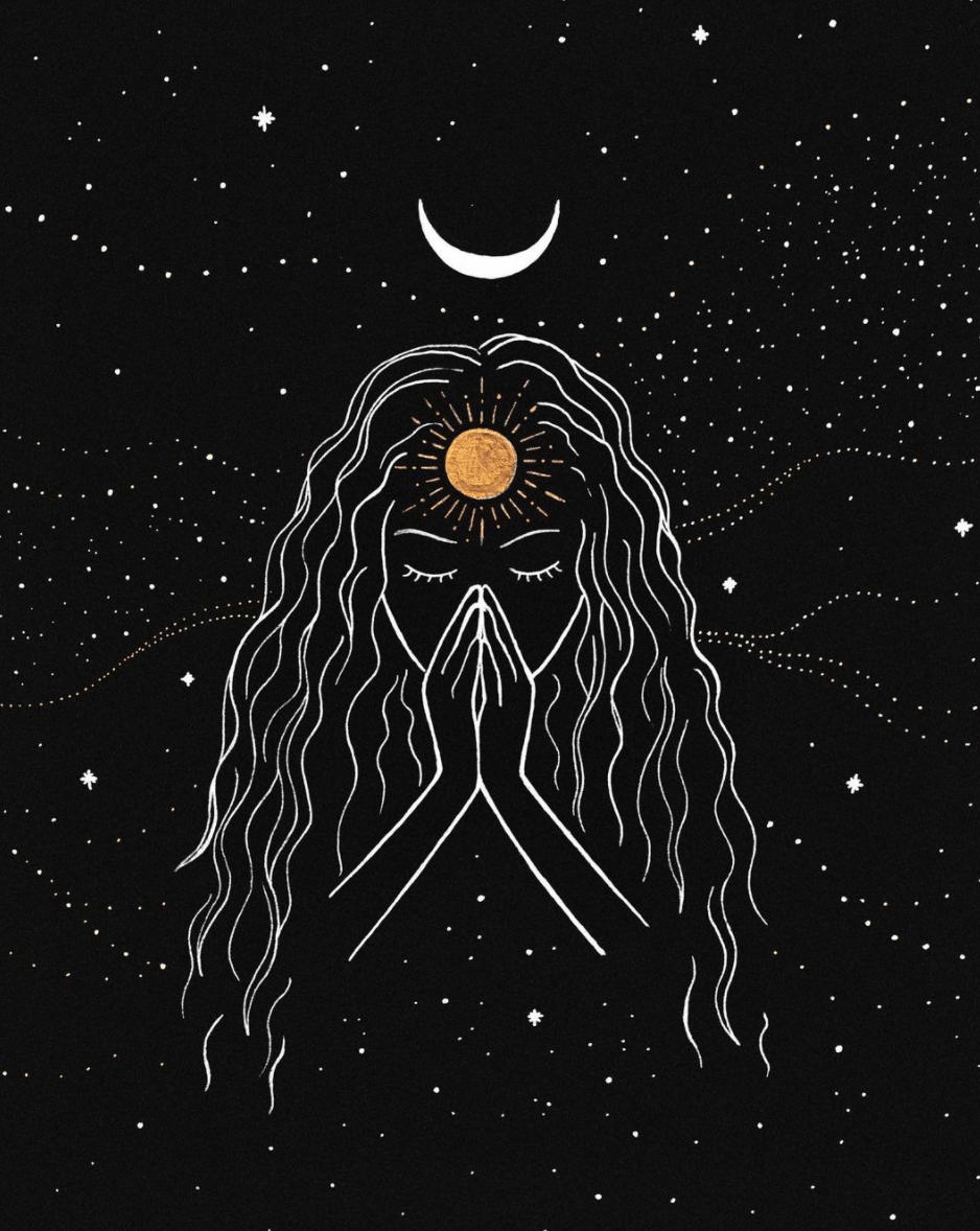 A woman with long hair and the moon in front of her - Positivity, Sagittarius, spiritual