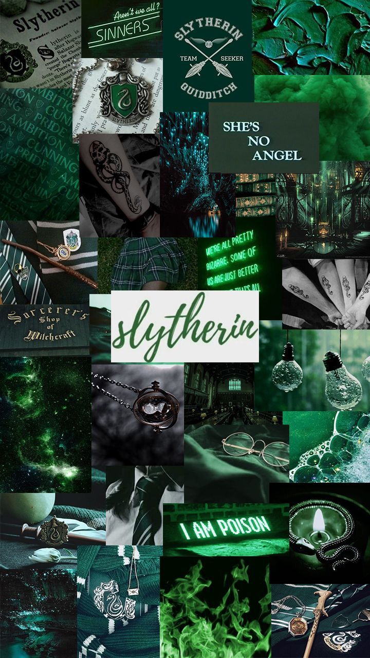 A collage of green and black images with the word slytherin - Slytherin