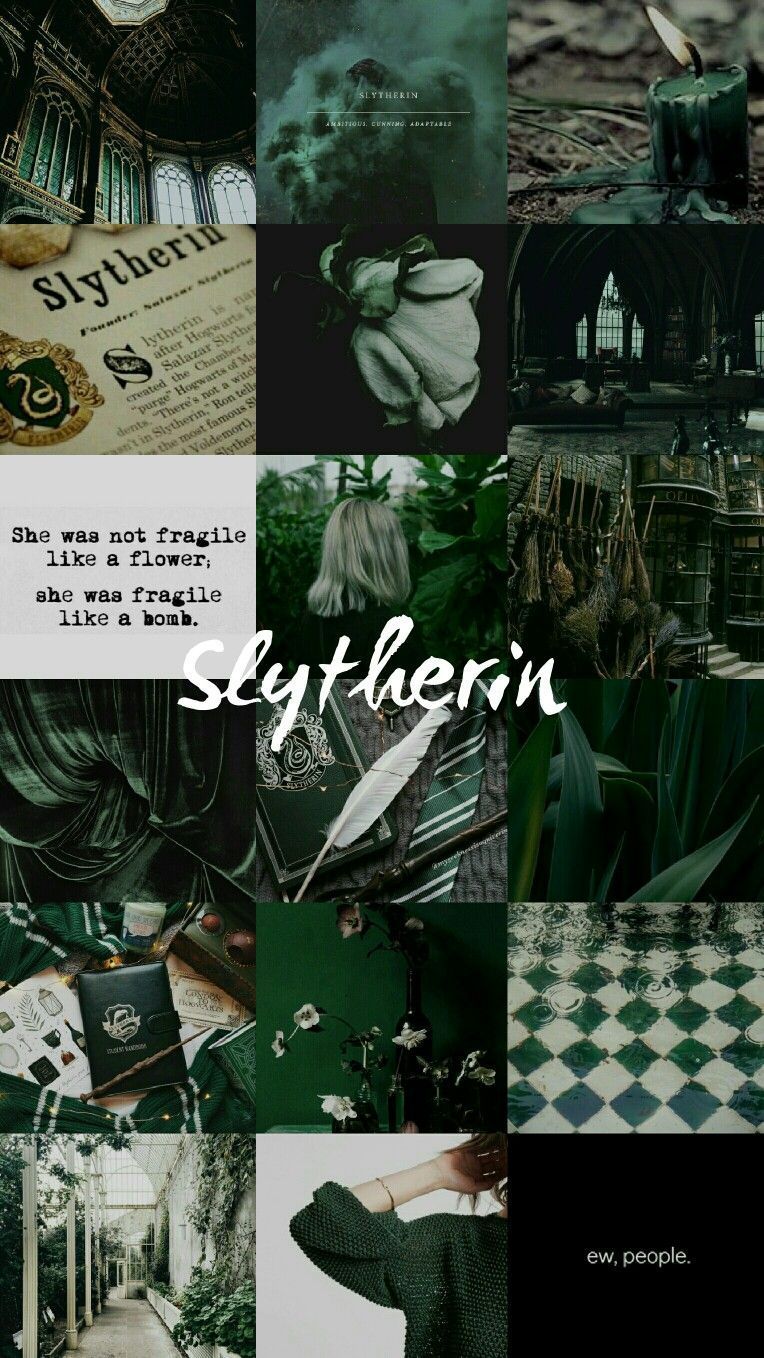 A collage of Slytherin images, including a book, a snake, and a green aesthetic. - Slytherin