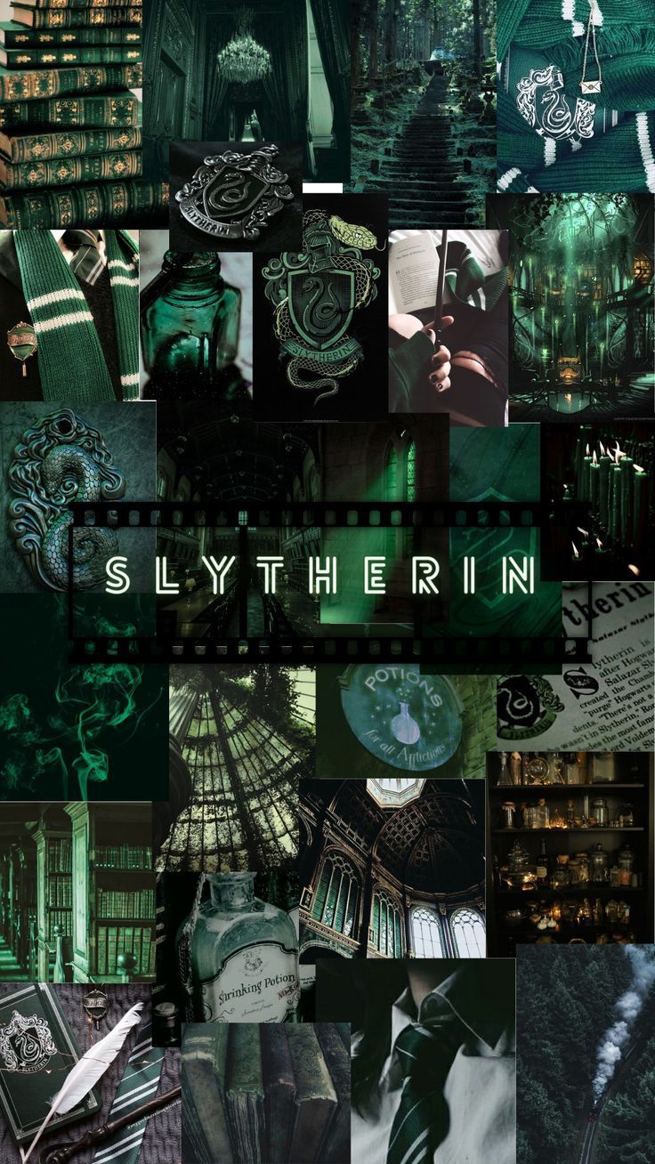 A collage of images of the Slytherin house from Harry Potter. - Slytherin