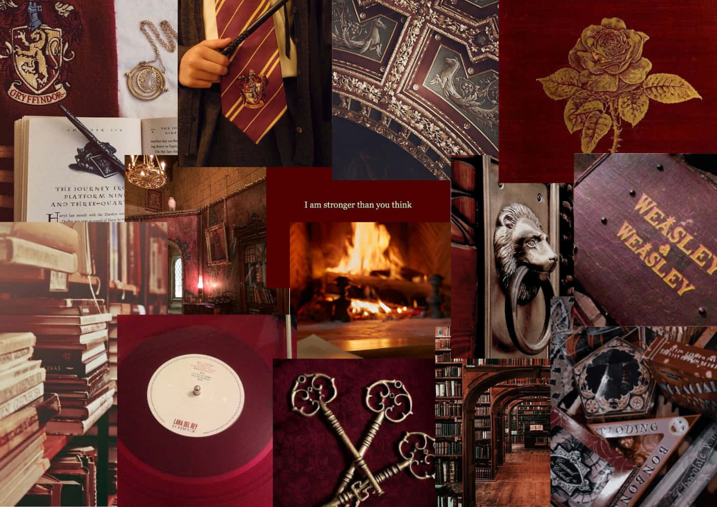 A collage of images of the Gryffindor house, including a fireplace, a book, a wand, and a lion statue. - Gryffindor