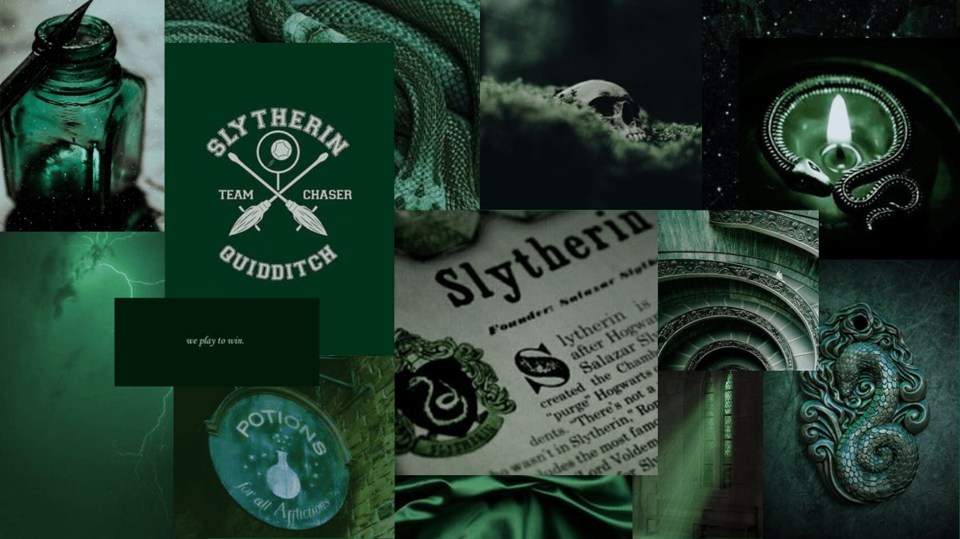 A collage of green and black images - Slytherin