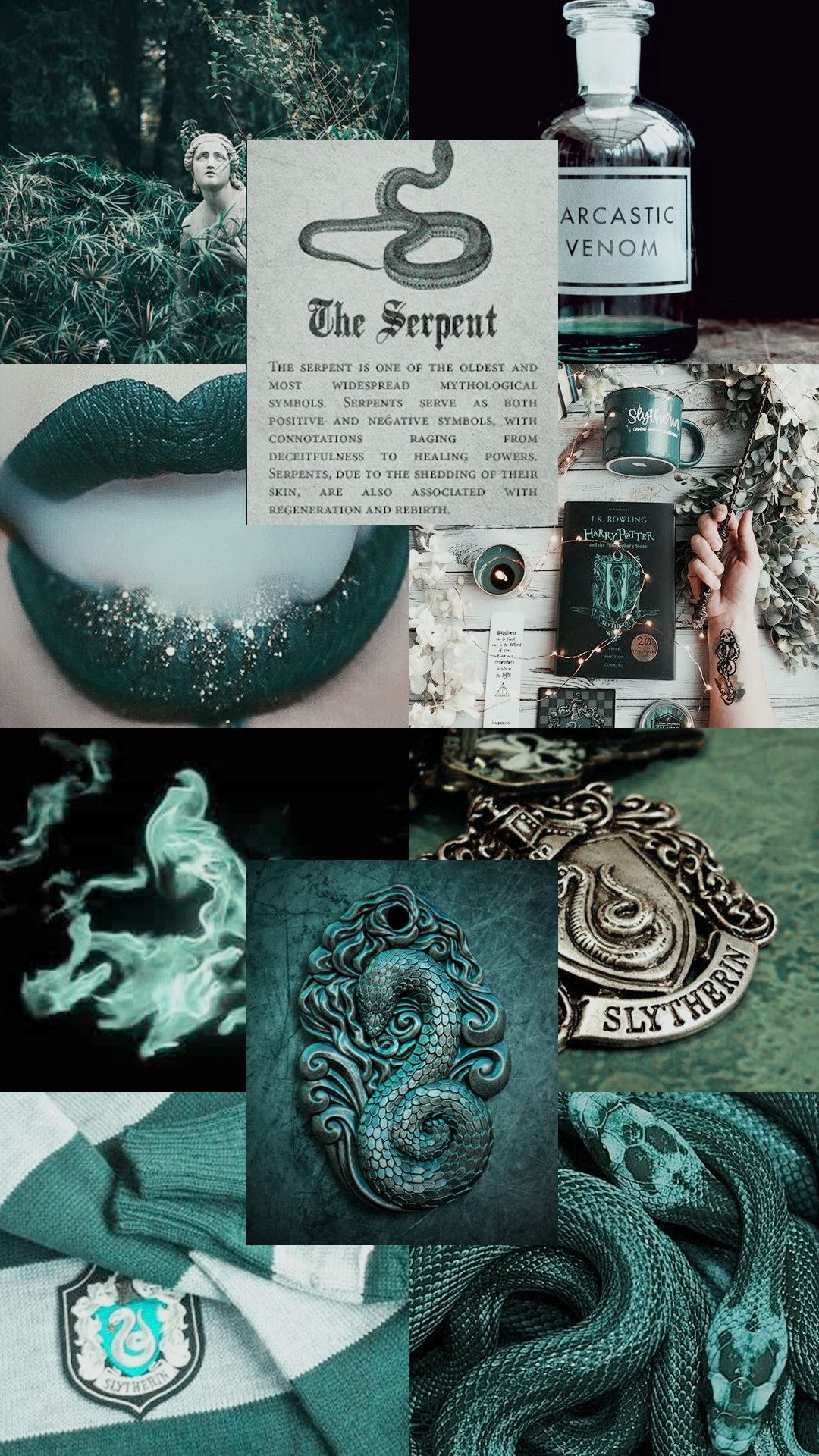 A collage of images with green and blue - Slytherin