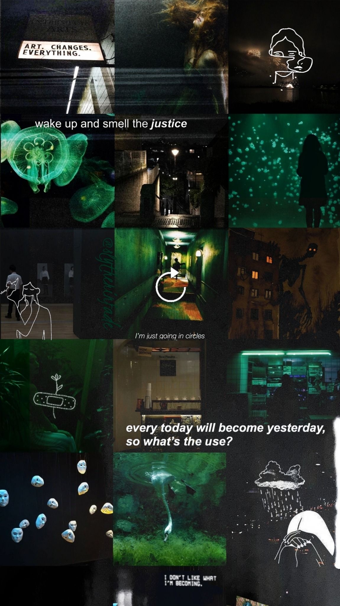 Aesthetic collage of dark green and black images, including a quote from the book 1984 by George Orwell. - Slytherin
