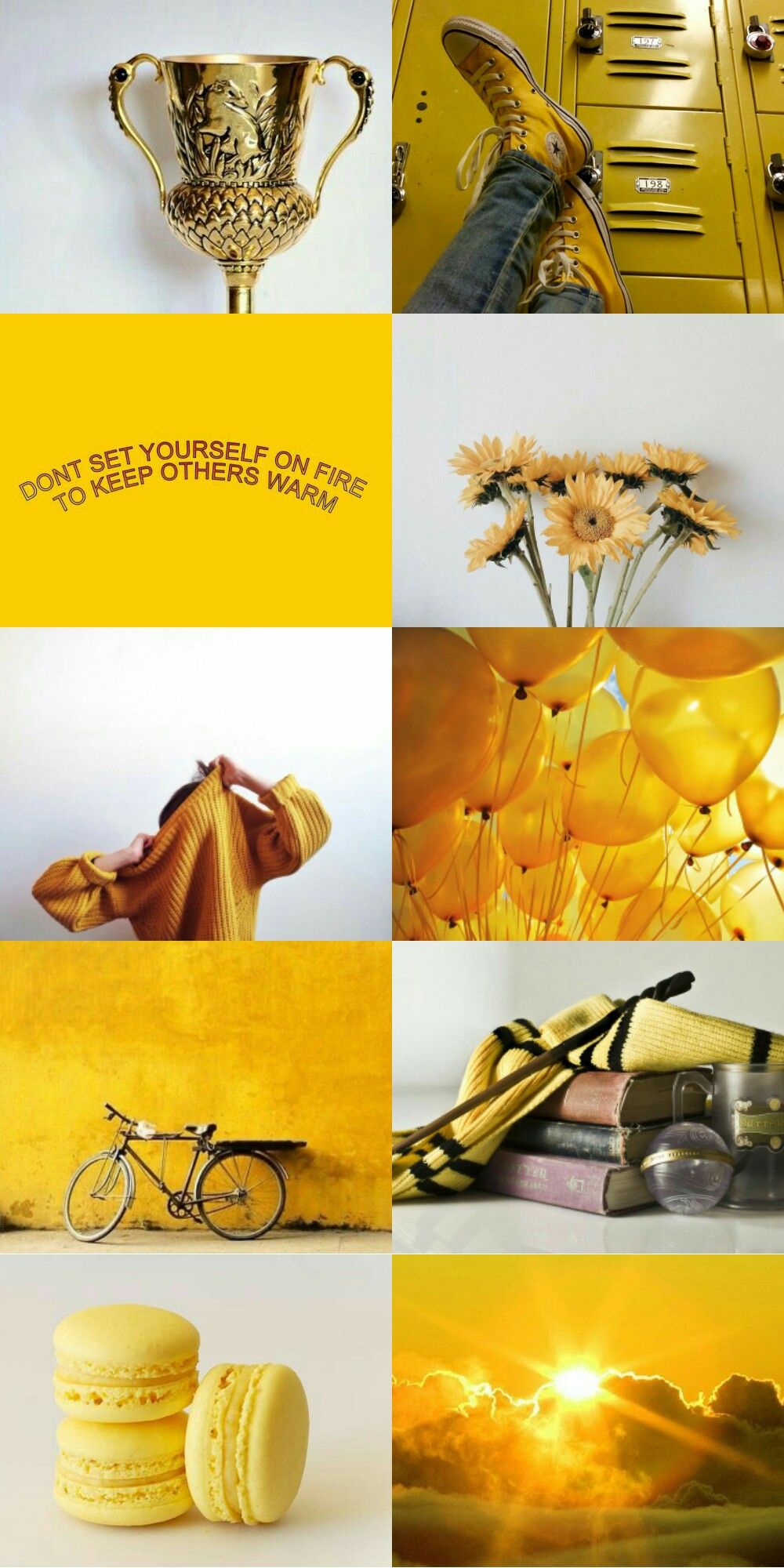 A collage of pictures with yellow and gold - Hufflepuff