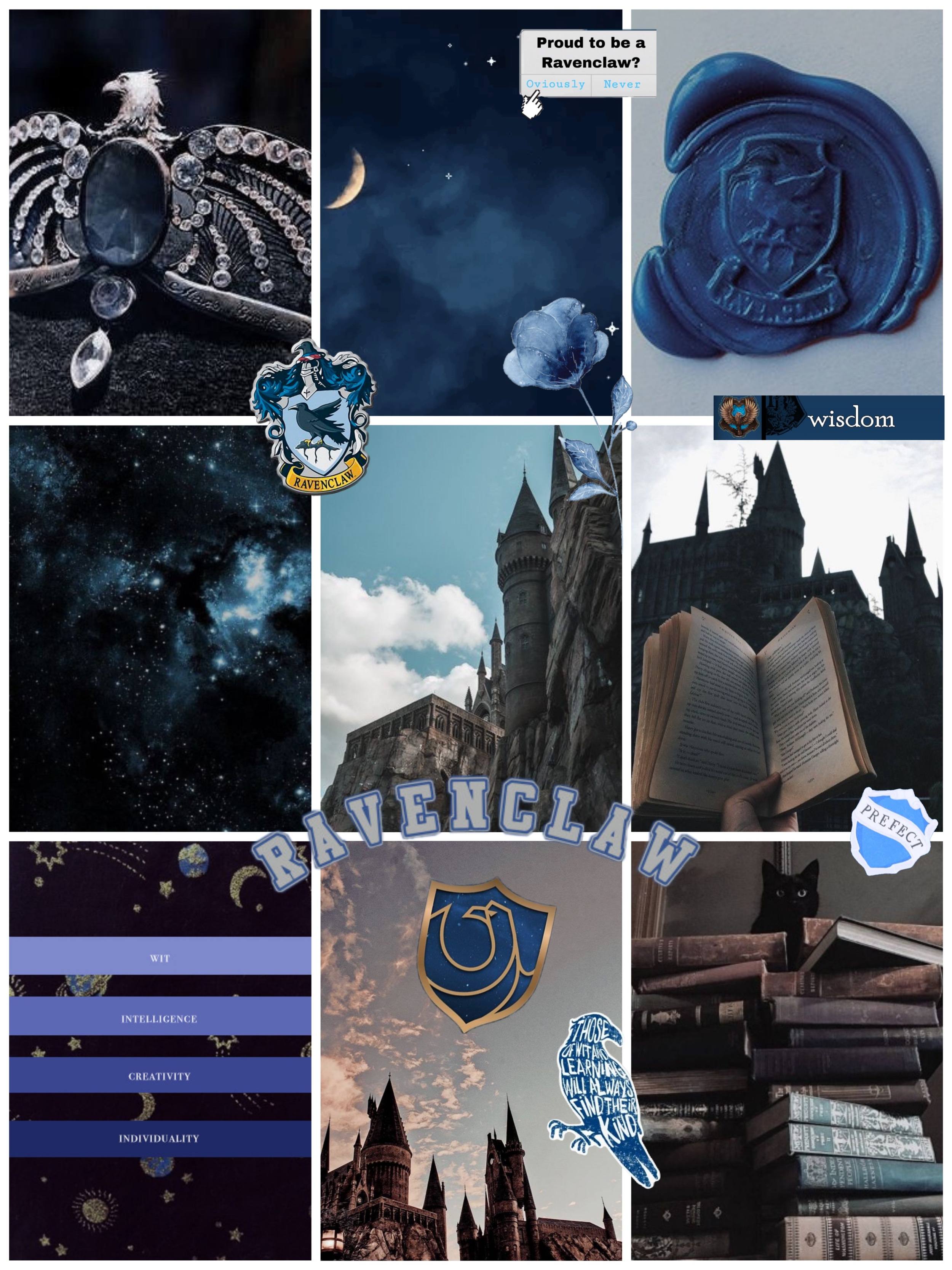 A collage of images of the Hogwarts castle, books, and the Ravenclaw crest. - Ravenclaw, Gryffindor