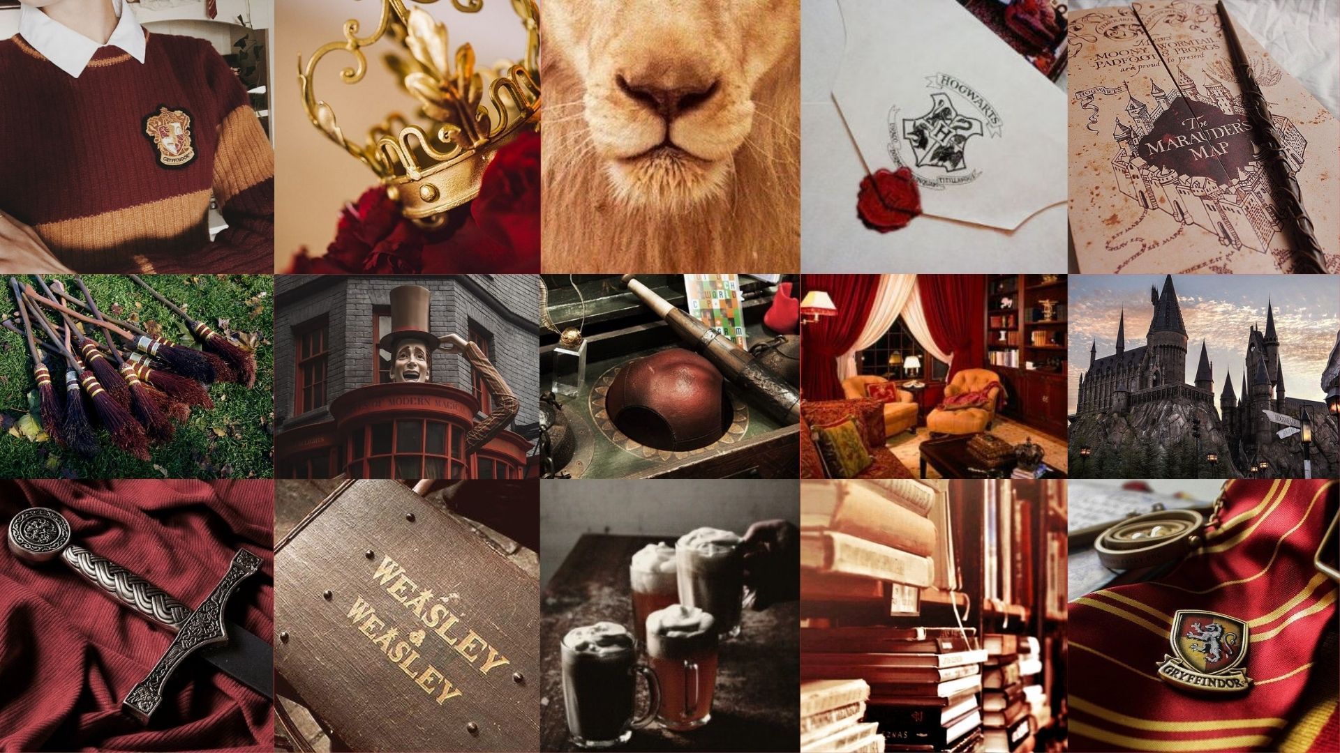 A collage of images from the Harry Potter series, including Gryffindor items and Hogwarts. - Gryffindor