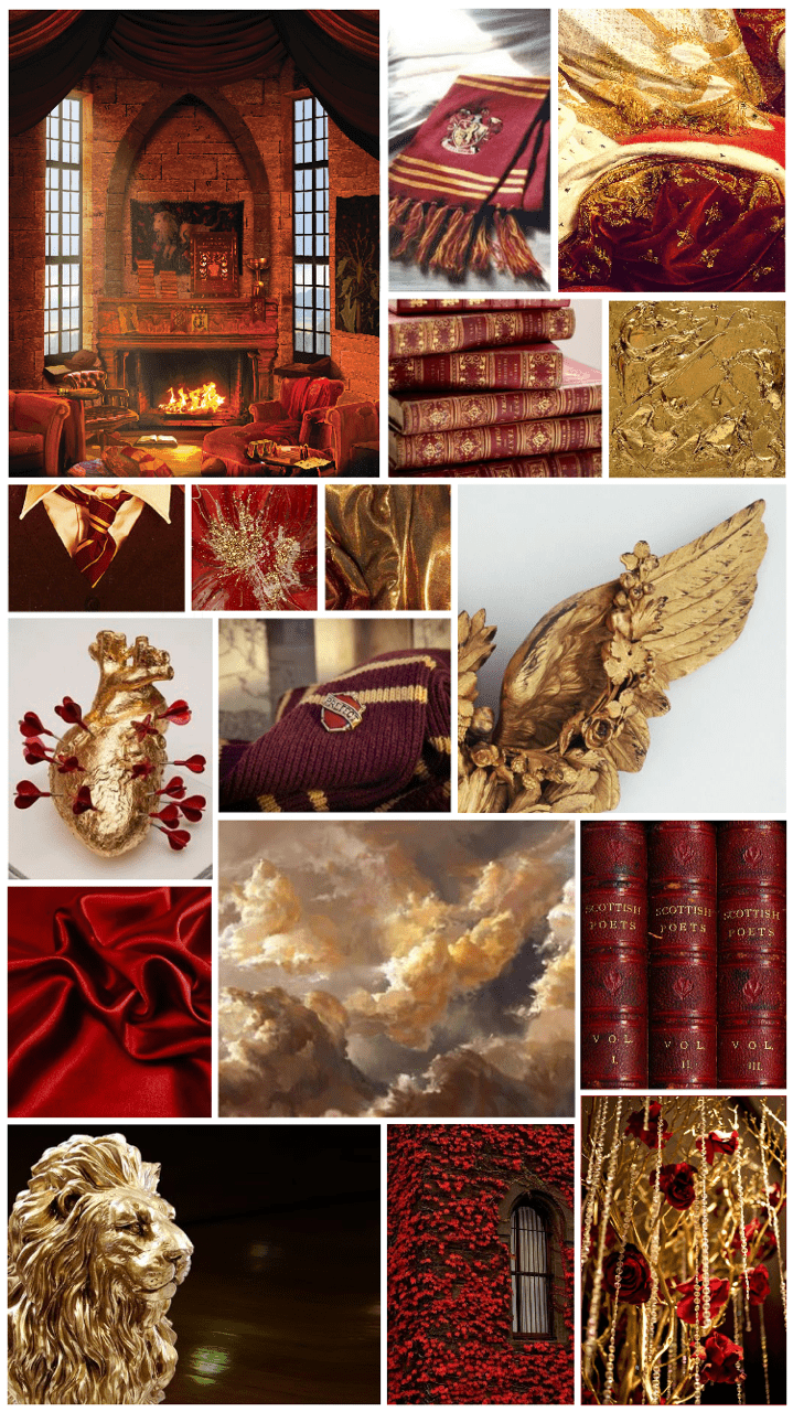 A mood board featuring red and gold images, including a Gryffindor common room, a collection of books, and a golden snitch. - Gryffindor