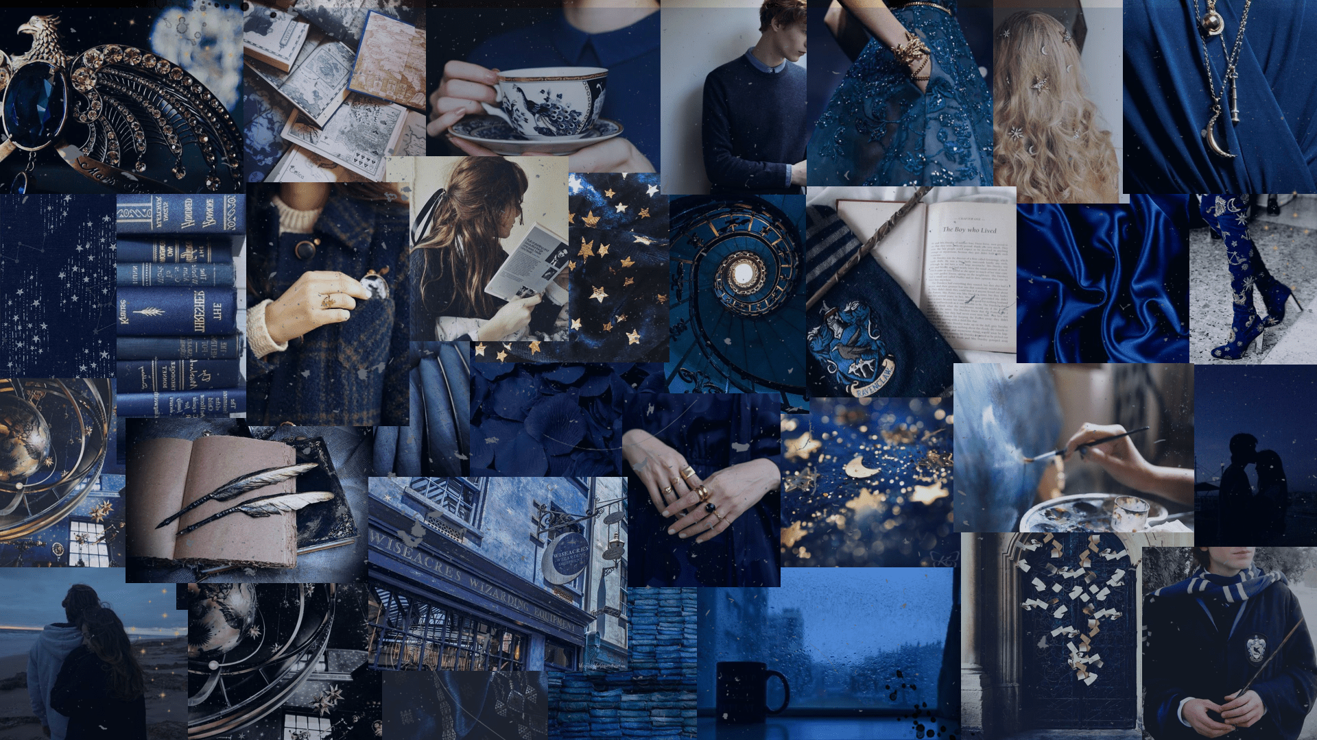 A collage of images in shades of blue, including books, clocks, and people. - Ravenclaw