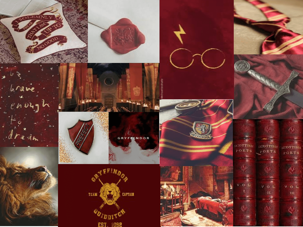 A collage of red and gold images related to the Harry Potter series. - Gryffindor