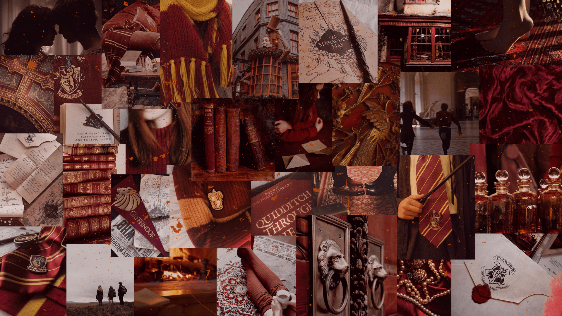 A collage of images of Harry Potter related items such as books, wand, and Gryffindor scarves. - Gryffindor