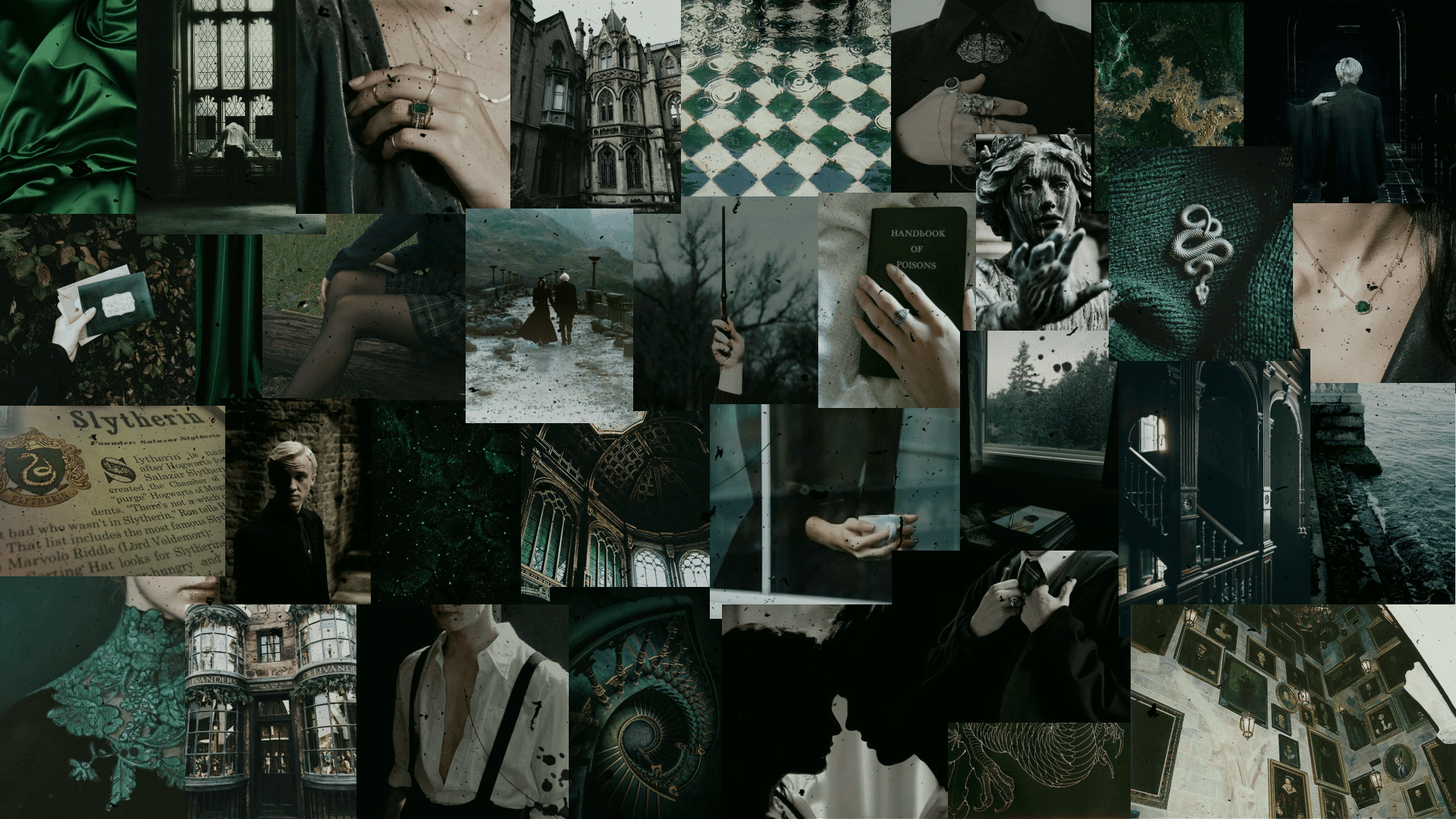 A collage of photos in a green and black aesthetic. - Slytherin