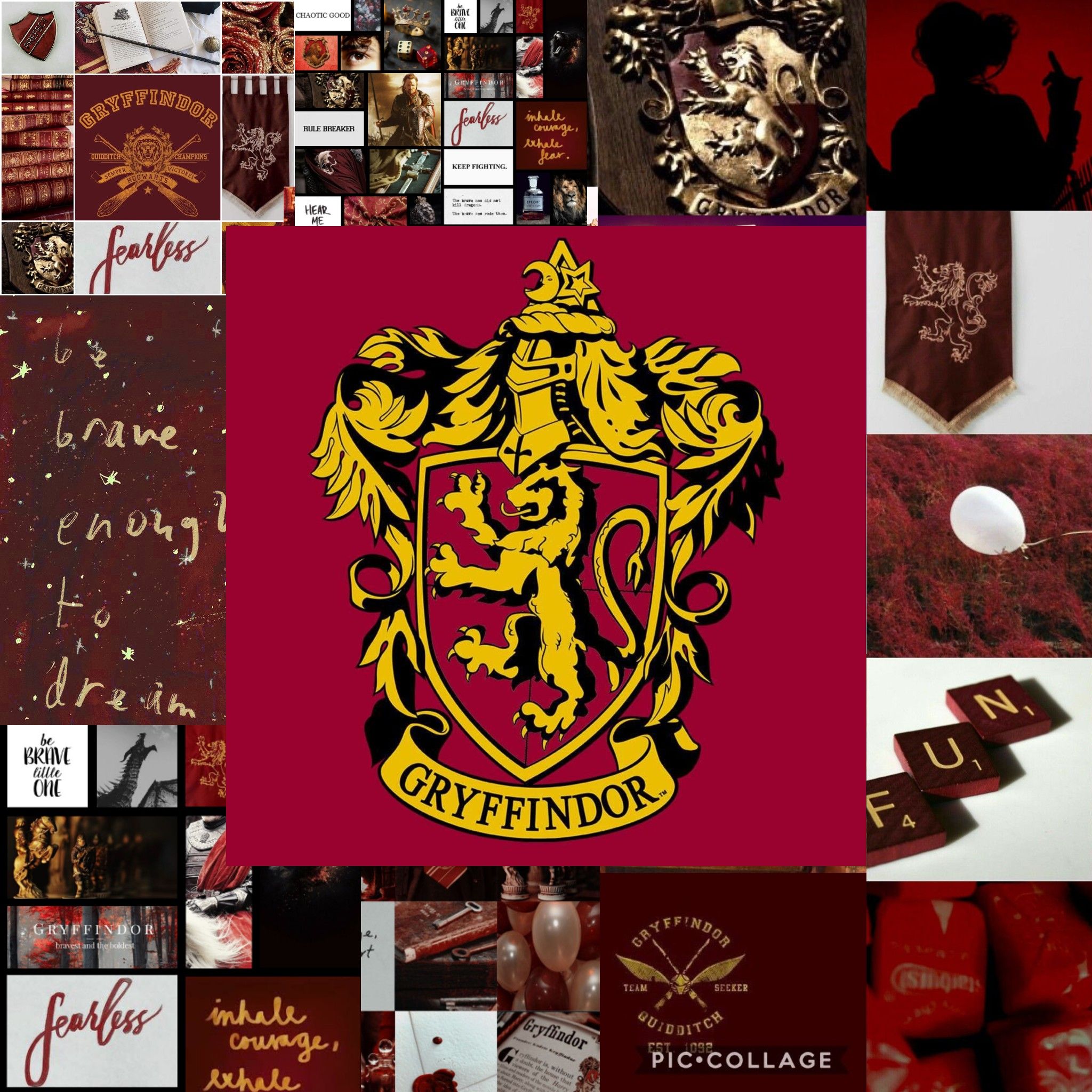 A collage of red and gold images with the gryffindor crest in the middle - Gryffindor