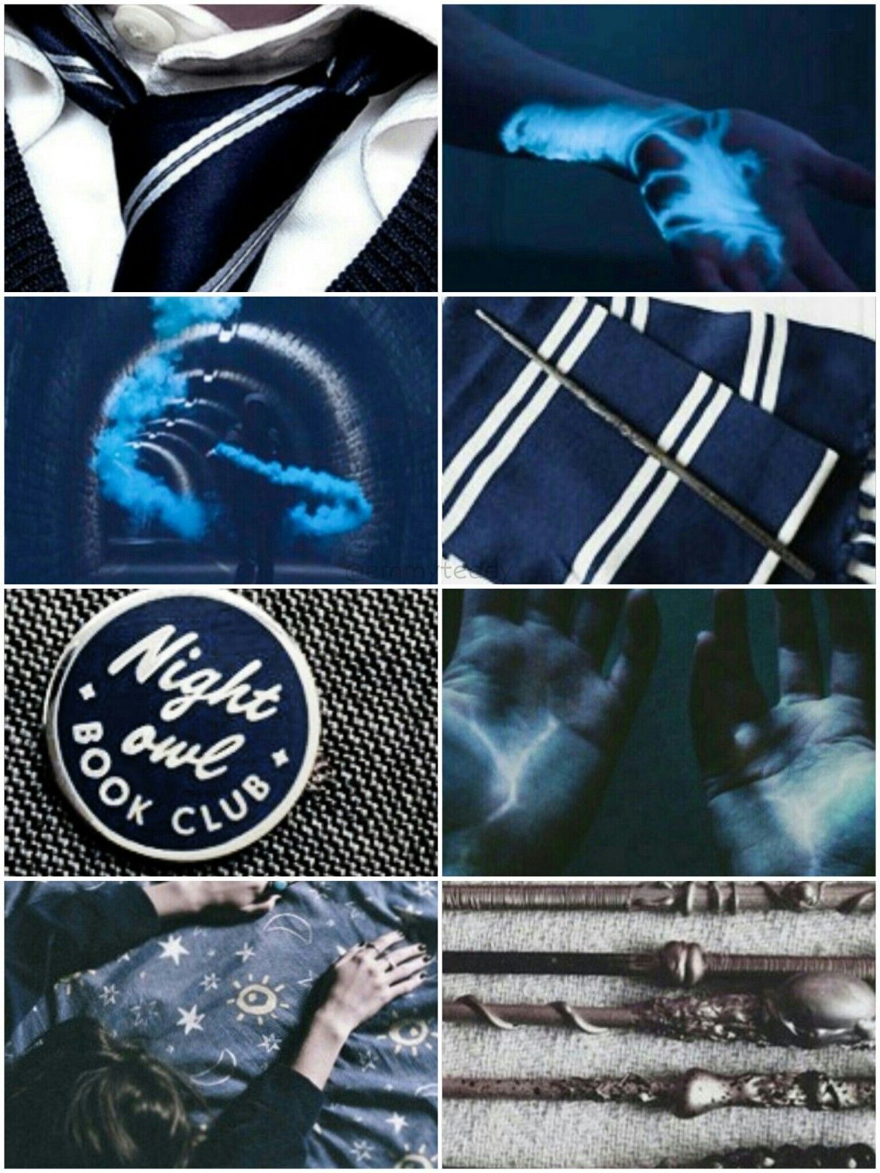 Collage of images related to Ravenclaw house including the house colors, wands, and the night owl book club pin - Ravenclaw