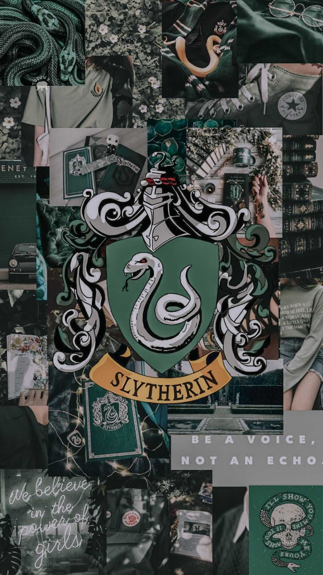 A collage of pictures with the slytherin crest - Slytherin