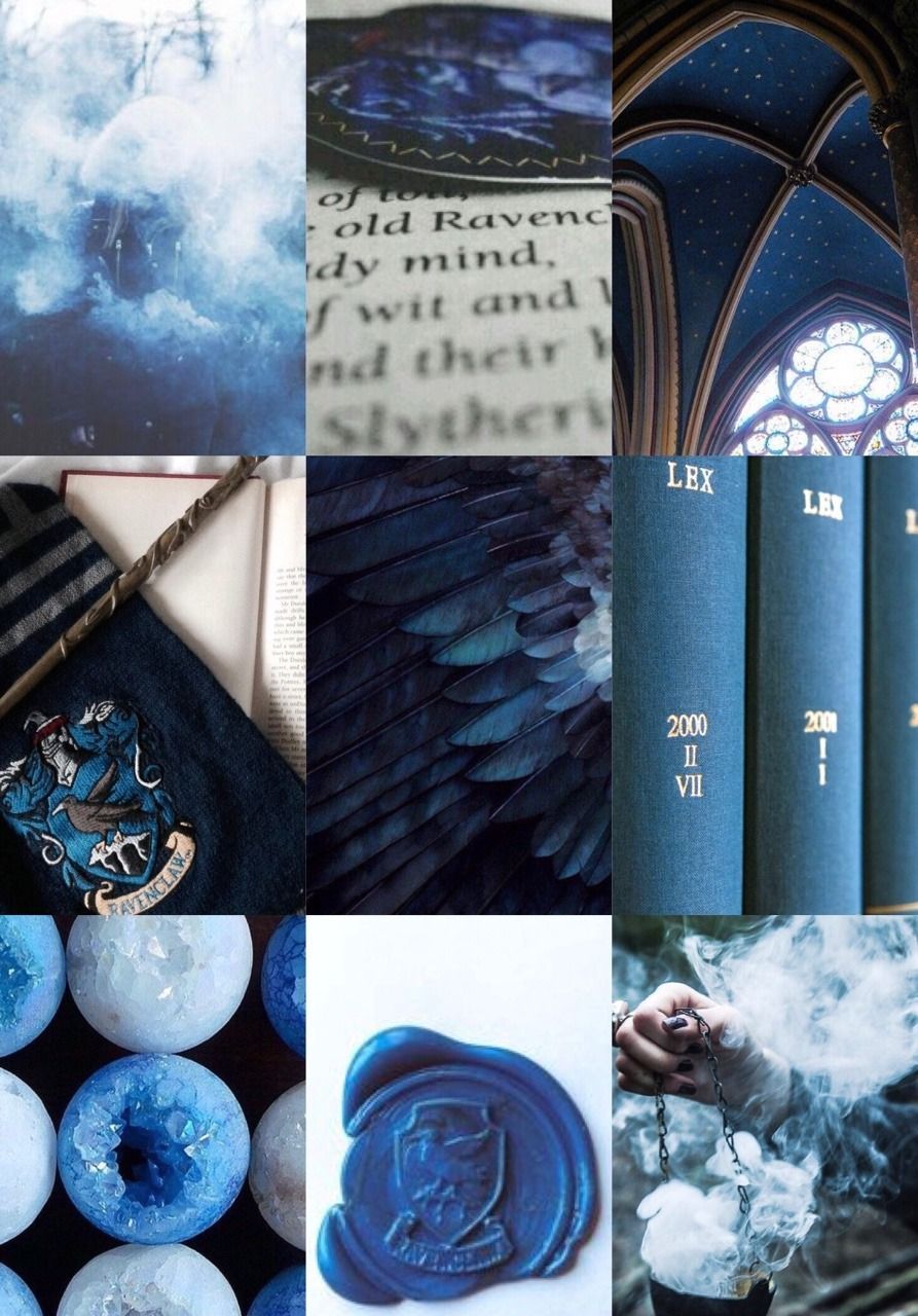 A collage of blue and white images including a wand, a book, a crest, and smoke. - Ravenclaw