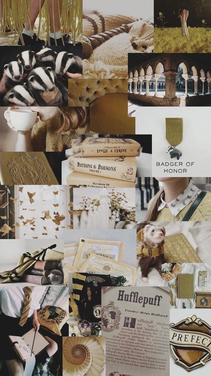 A collage of photos with the theme of the Harry Potter series. - Hufflepuff