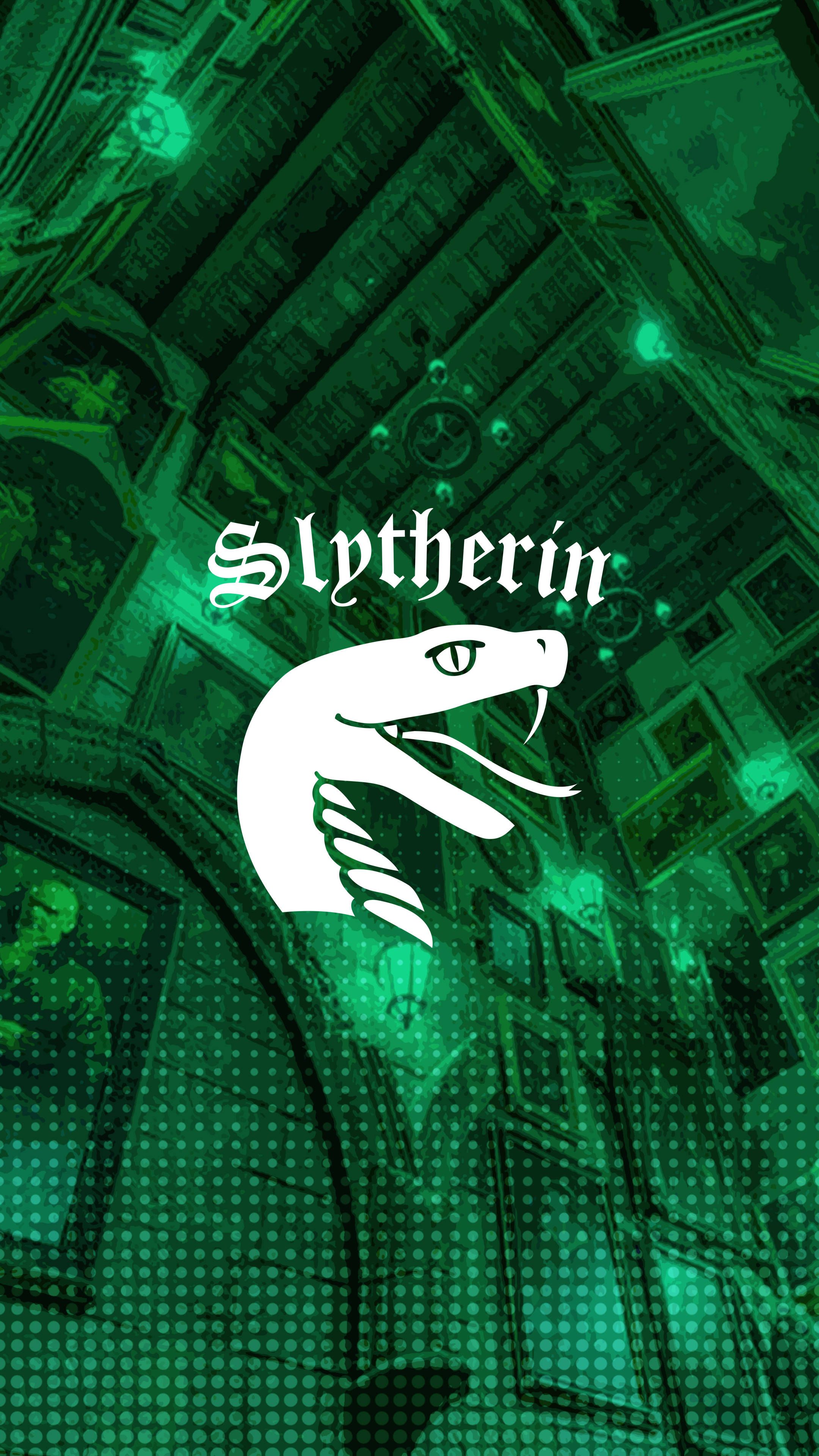 A green and black slytherin wallpaper with the snake eating the holly leaf - Slytherin