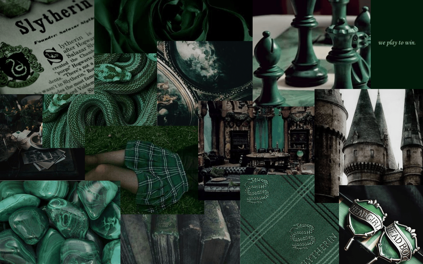 Collage of images related to the Harry Potter series, specifically the house of Slytherin. - Slytherin