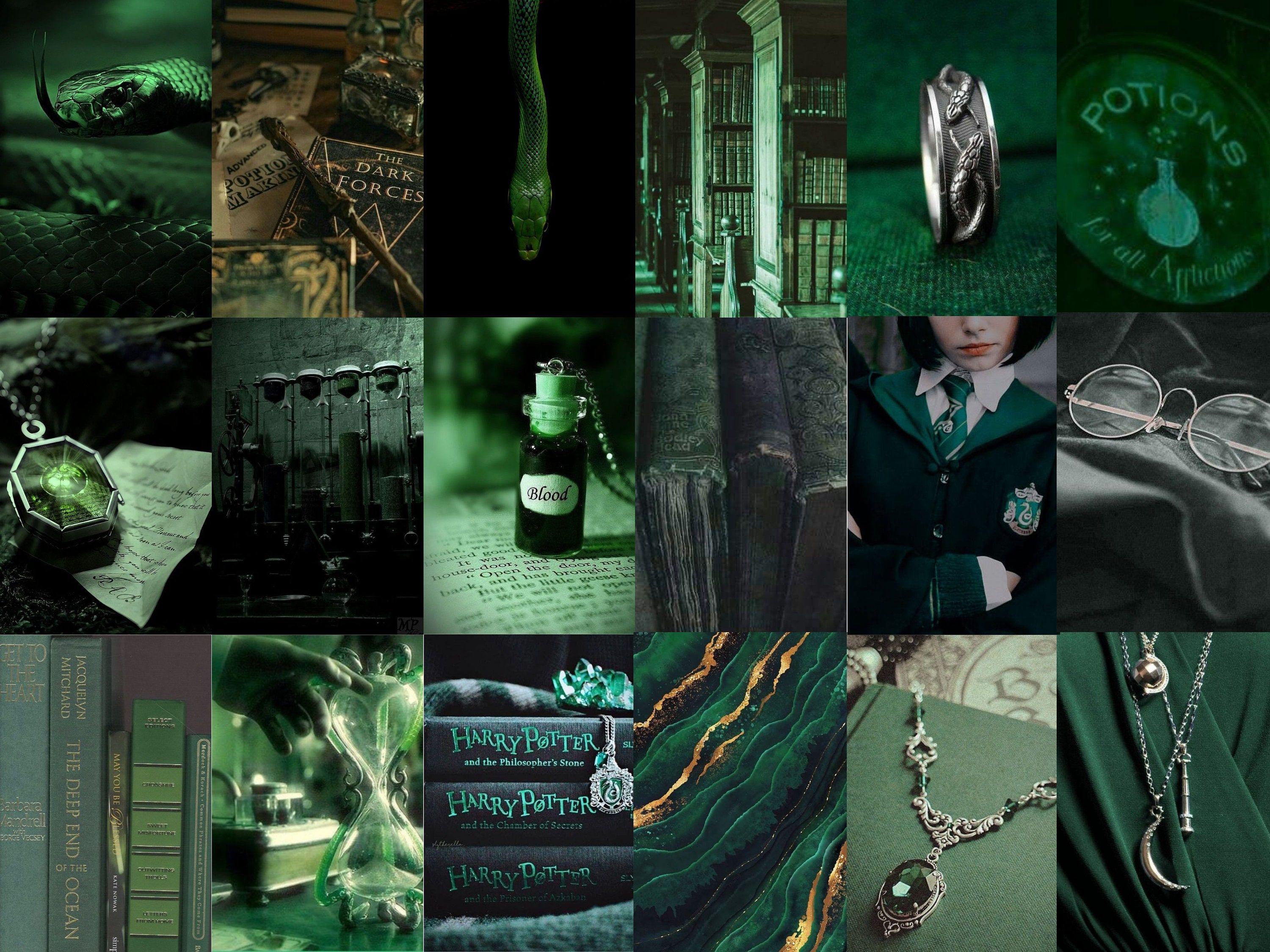 A collage of green and black pictures - Slytherin