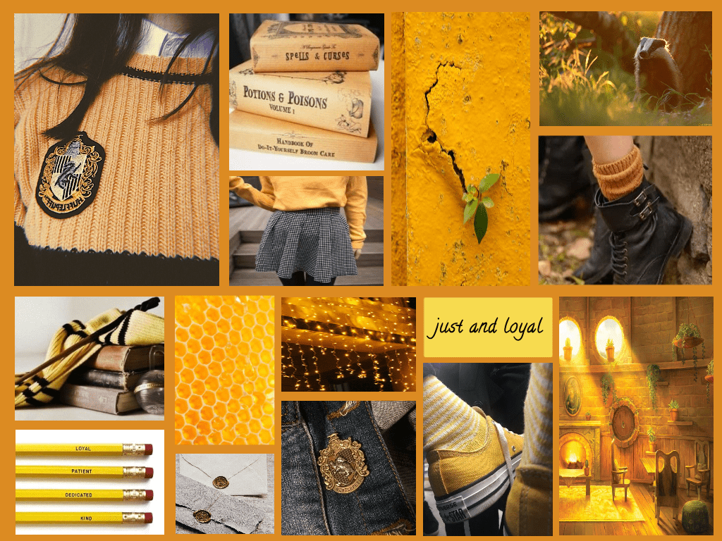 A collage of images of yellow and brown items, including books, a wand, and a sock. - Hufflepuff