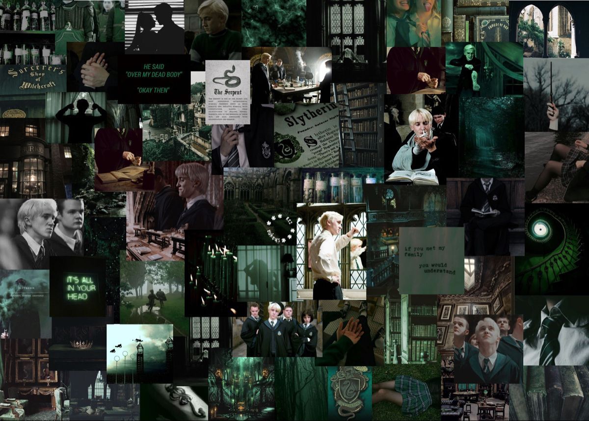 A collage of pictures with green and black backgrounds - Slytherin