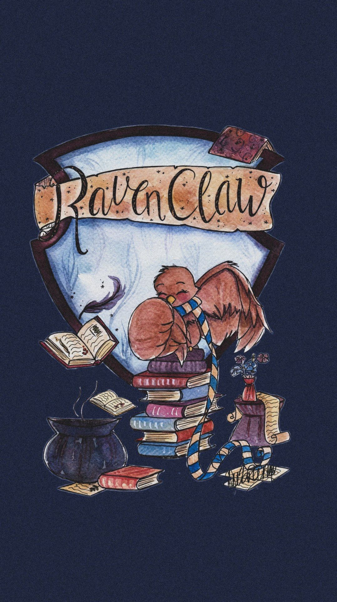 A logo for raven claw with books and other items - Ravenclaw