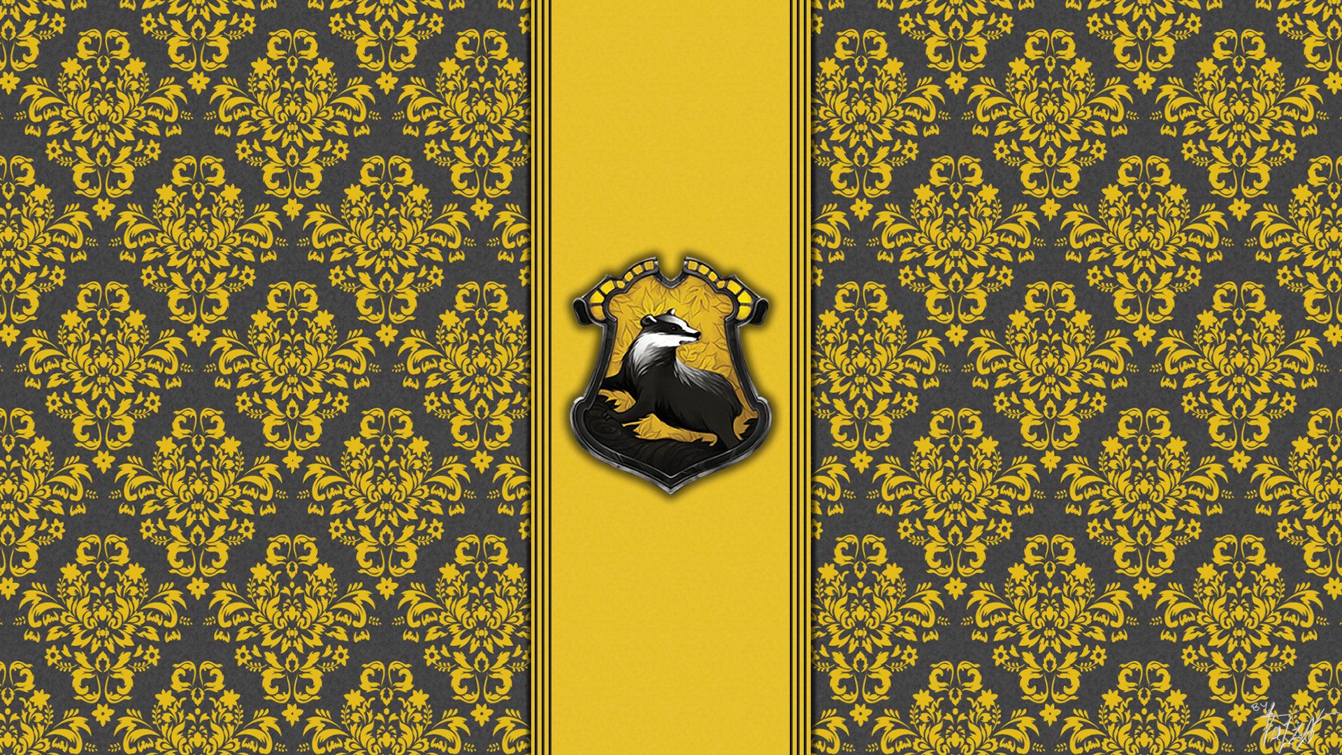 A yellow and black pattern with the crest of gryffindor - Hufflepuff