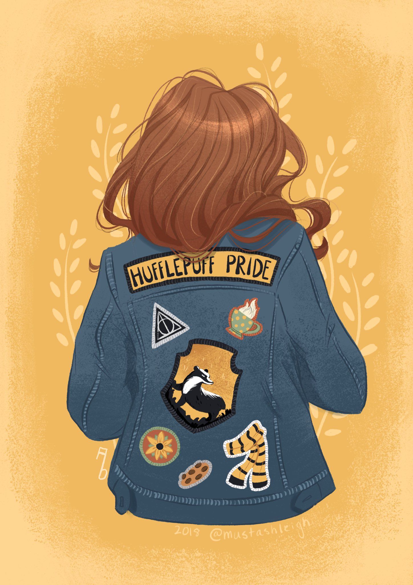 A digital illustration of a girl wearing a denim jacket with Hufflepuff pride patches on the back. - Hufflepuff