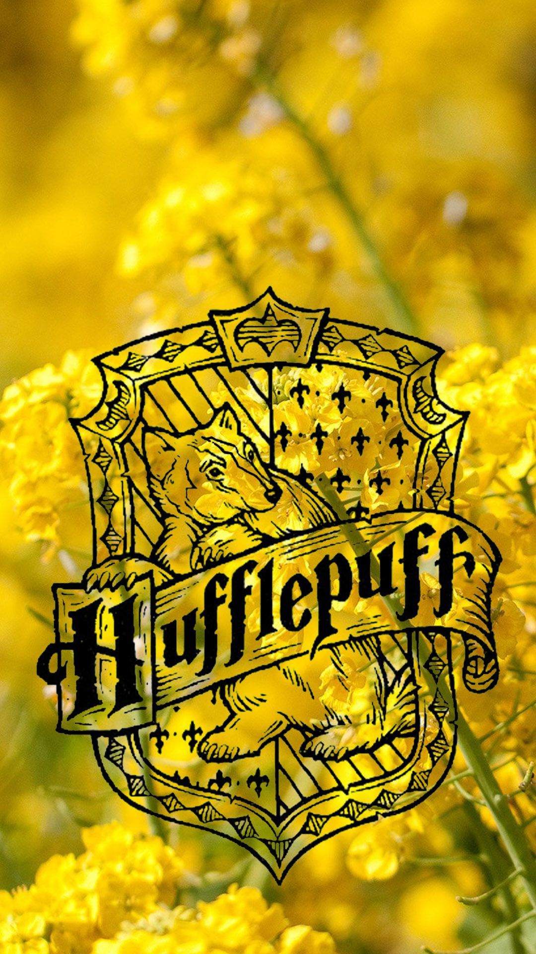 A yellow flower field with the words harry potter - Hufflepuff