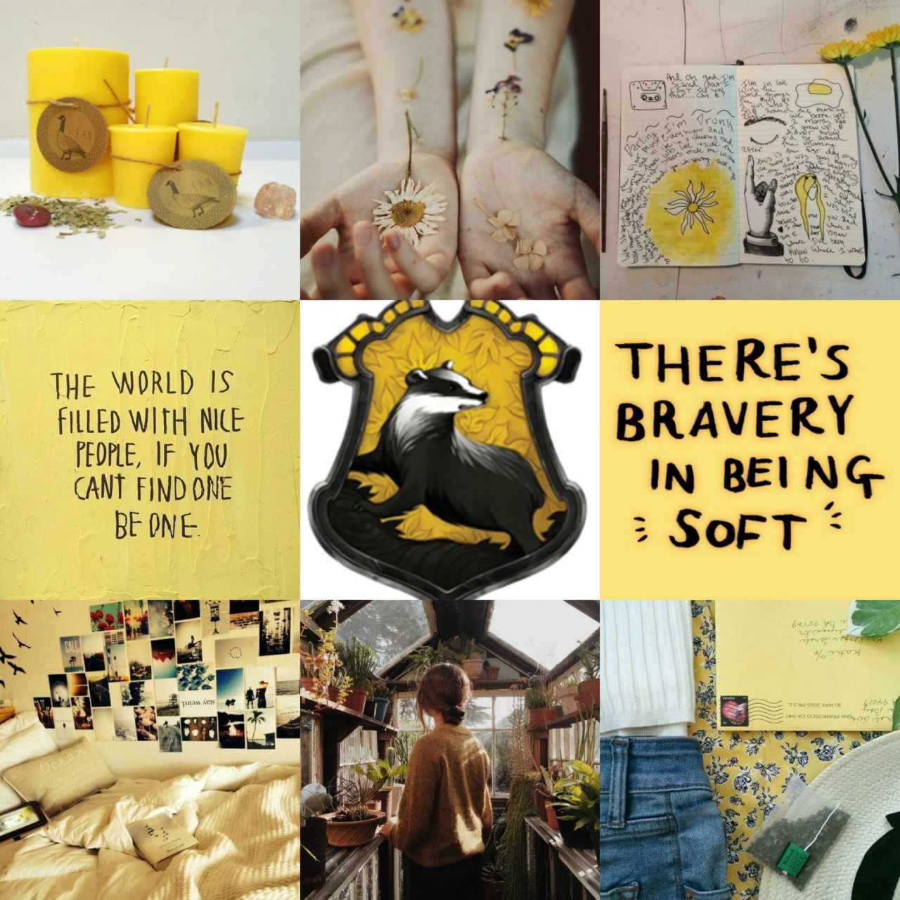 A collage of images, including a picture of a badger, a quote, and a picture of a bed. - Hufflepuff