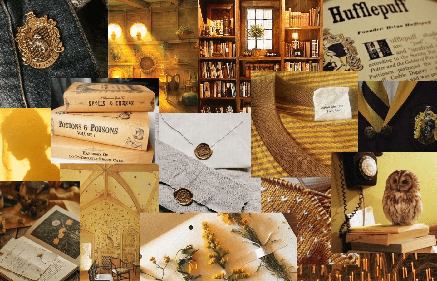 A collage of pictures with various items in them - Hufflepuff