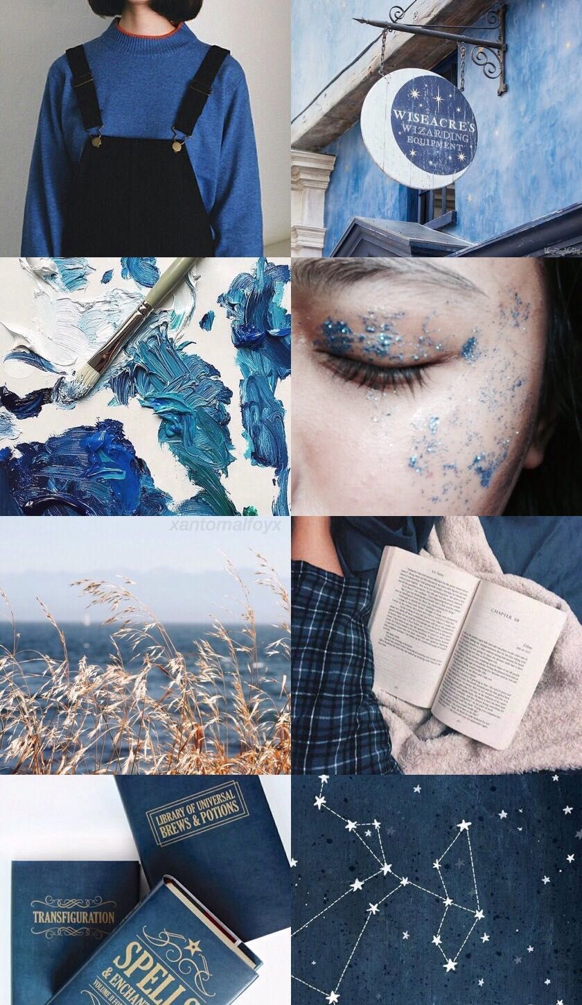 Aesthetic background with a blue book and a girl with blue paint on her face - Ravenclaw