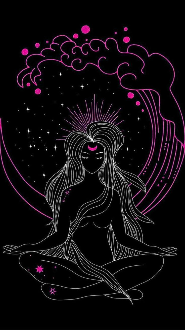 Woman sitting in lotus position, pink and purple neon lights, black background, phone wallpaper, moon in the background - Spiritual