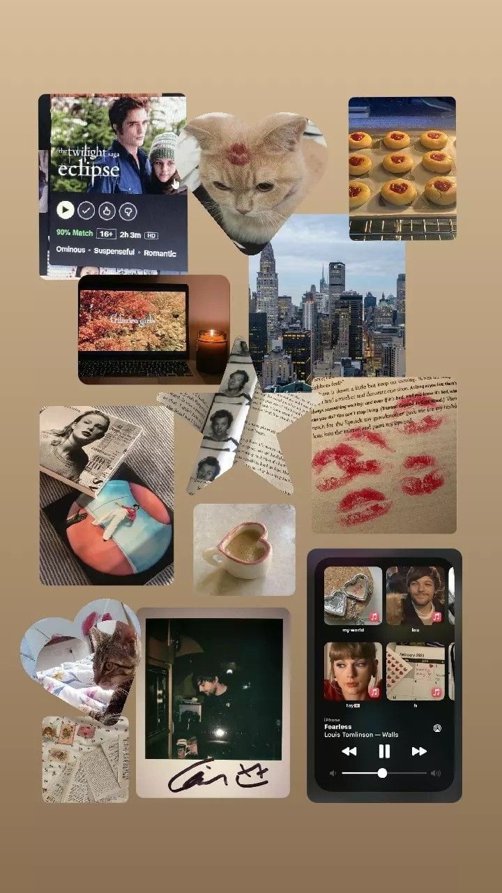 A collage of photos including a cat, a candle, lip prints, a cup of coffee, a phone, and a book. - Coquette