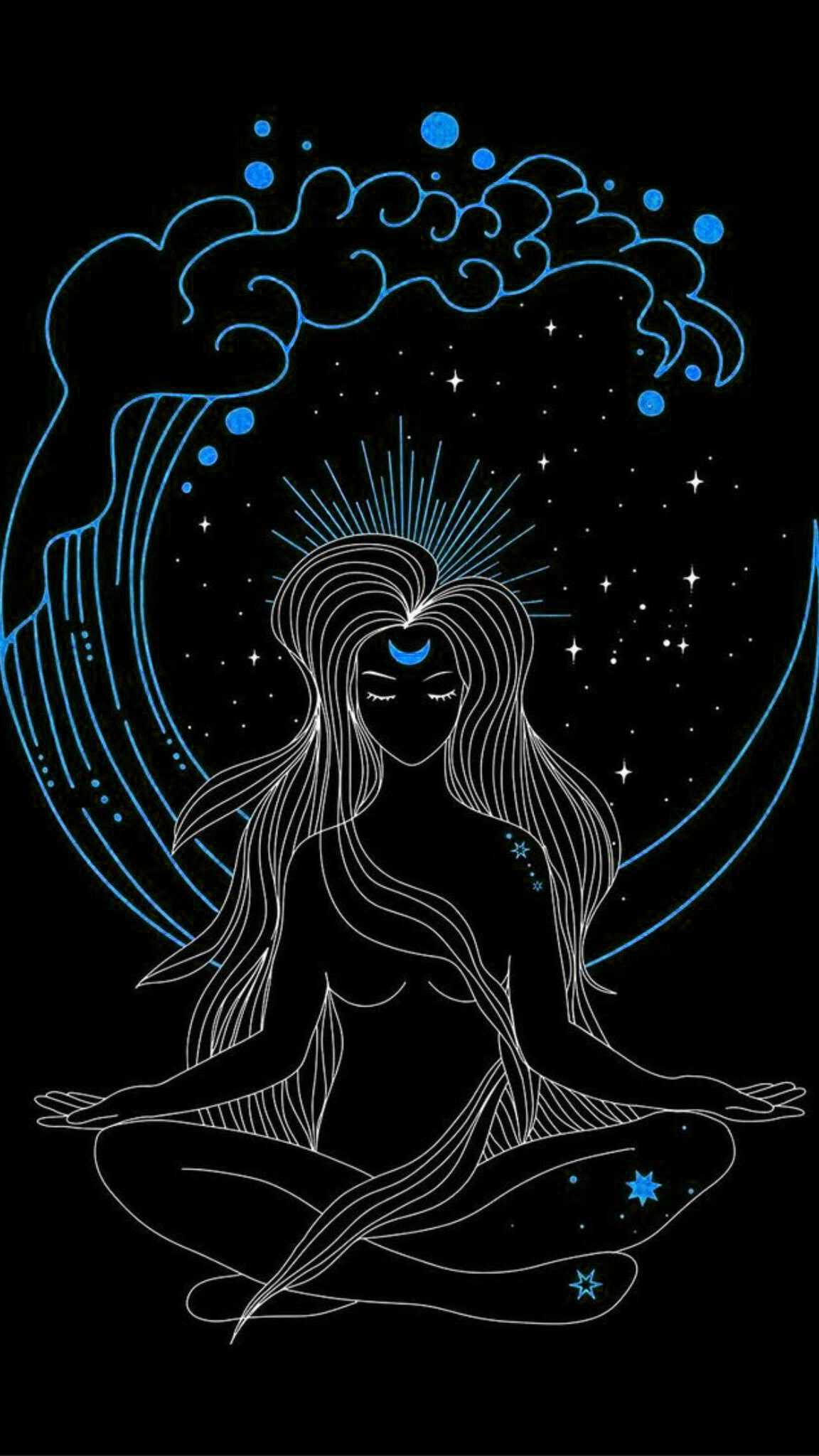 A woman in the lotus position with stars and waves - Spiritual